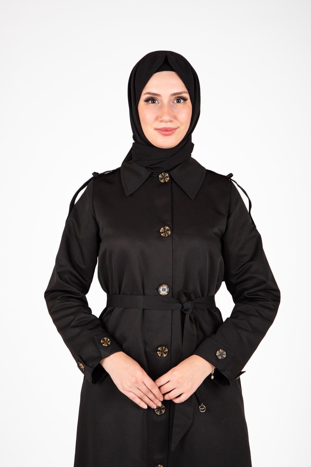 Front-Buttoned Epaulet Detail Trench Coat - Black - Beyza