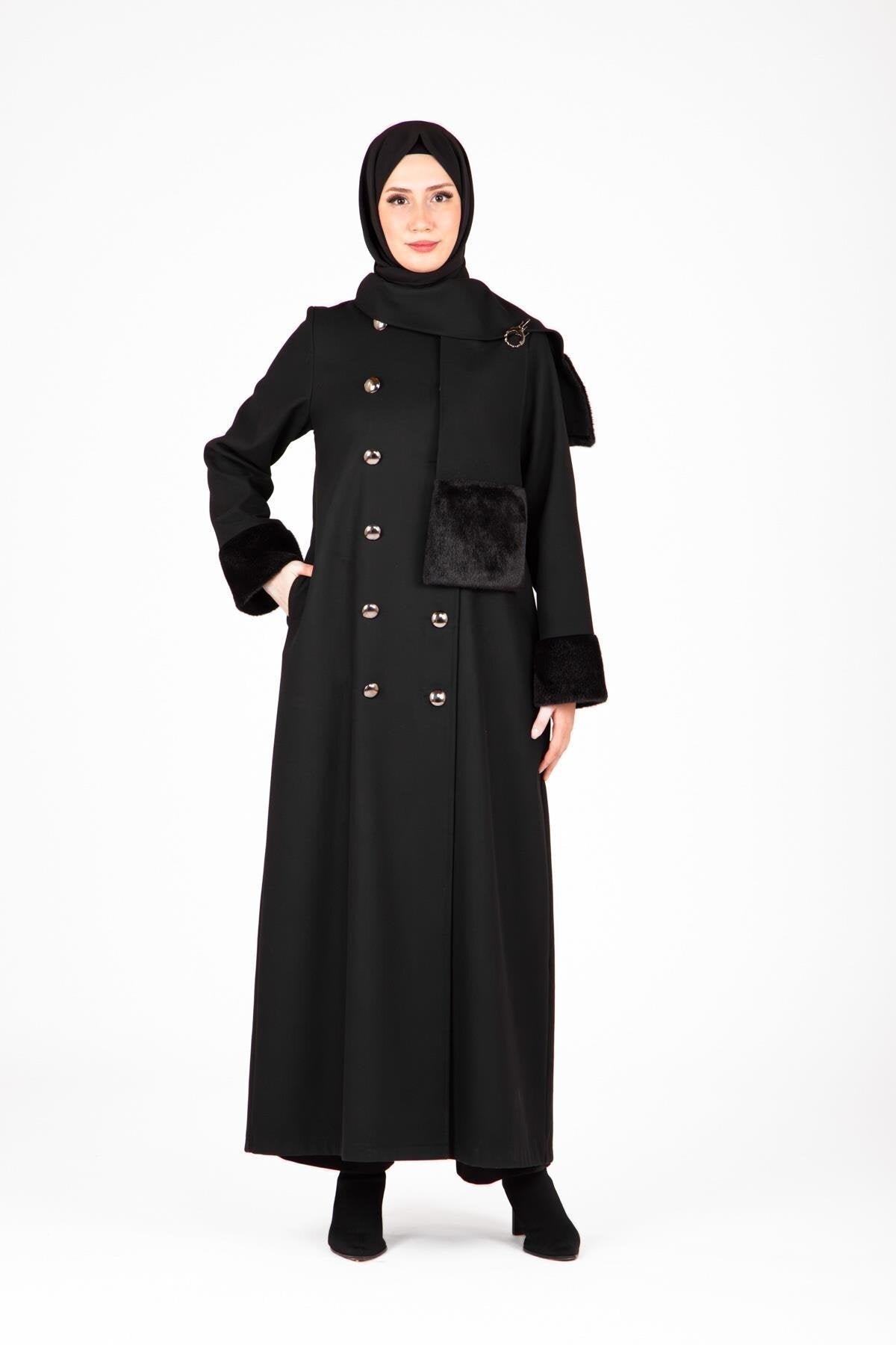 Fur-Trimmed Scarf-Detail Modest Coat - Black - Beyza