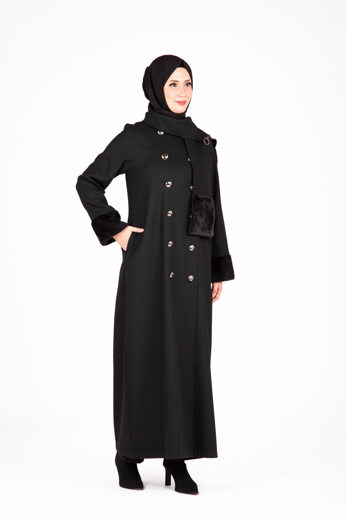 Fur-Trimmed Scarf-Detail Modest Coat - Black - Beyza