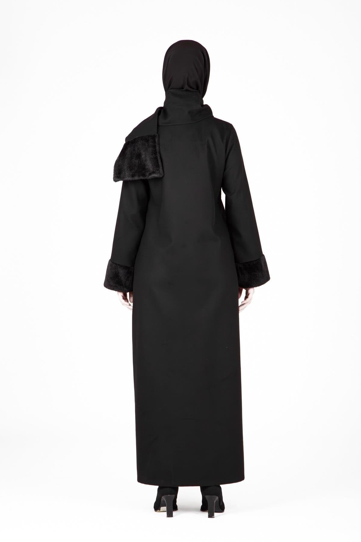 Fur-Trimmed Scarf-Detail Modest Coat - Black - Beyza