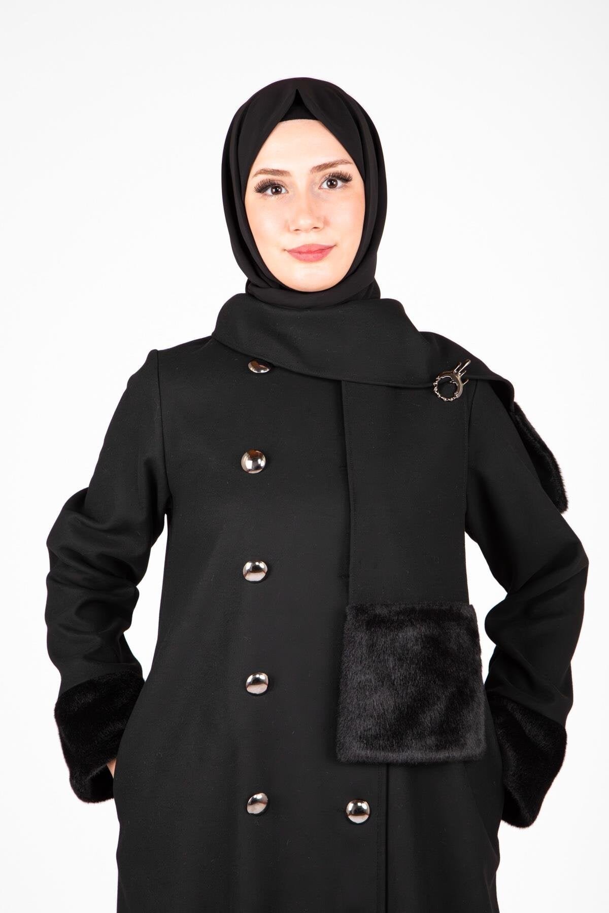 Fur-Trimmed Scarf-Detail Modest Coat - Black - Beyza