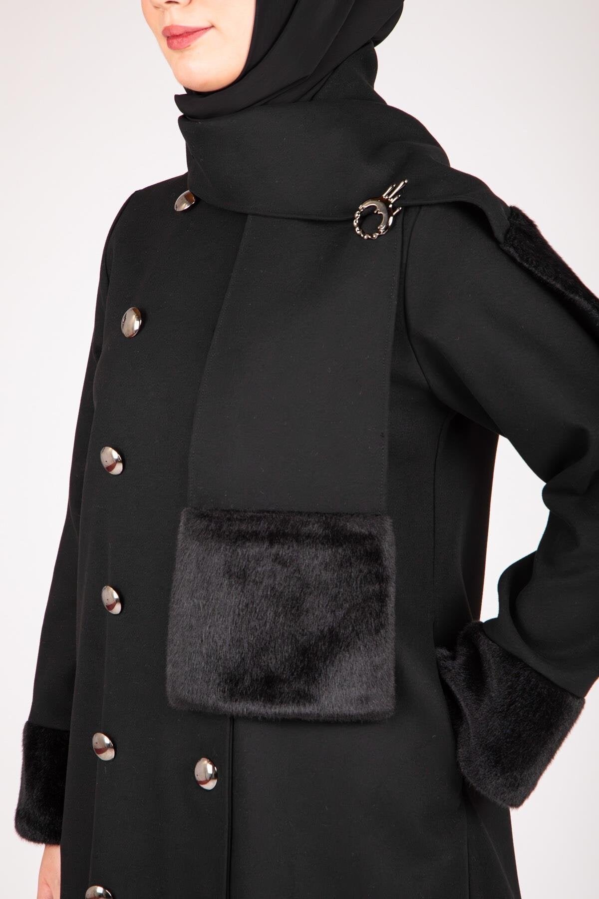 Fur-Trimmed Scarf-Detail Modest Coat - Black - Beyza
