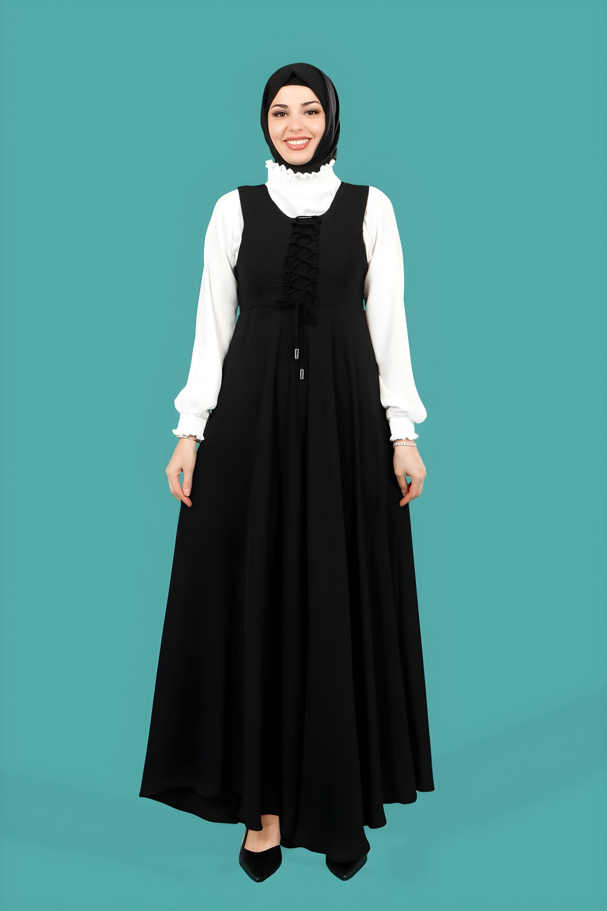 Siyah Bağcık Detaylı Elbise Bluzlu İkili Takım - Beyza