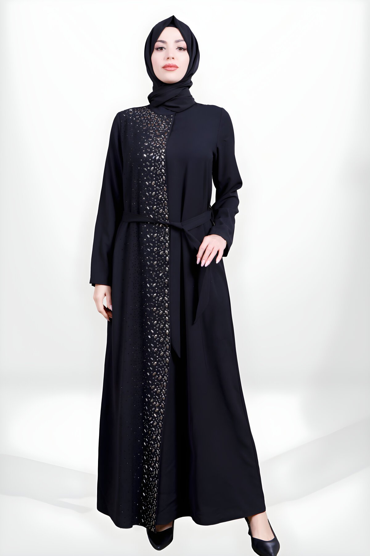 Siyah Beli Kuşaklı Taş İşlemeli Tesettür Abiye Elbise - Beyza