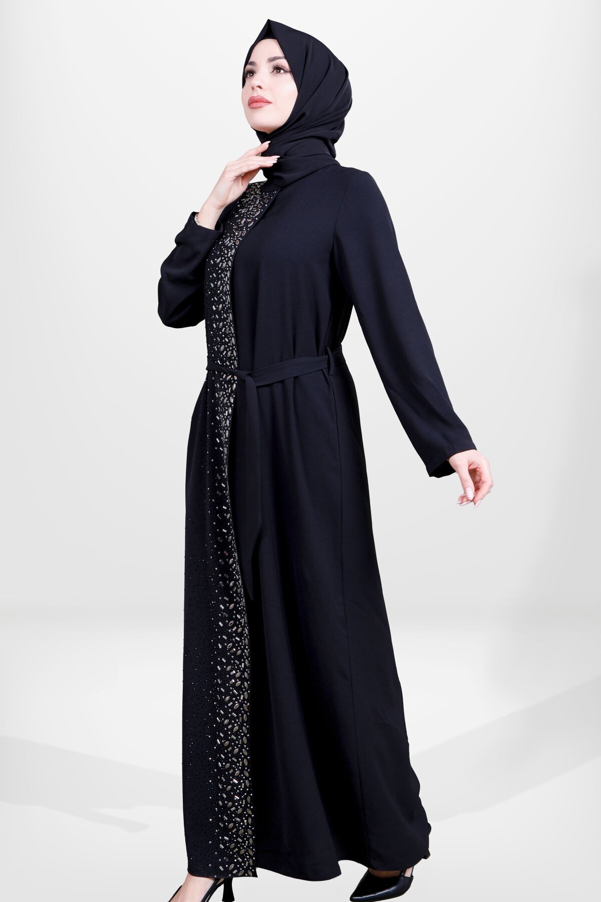 Belted Waist Stone Embellished Modest Evening Dress - Black - Beyza