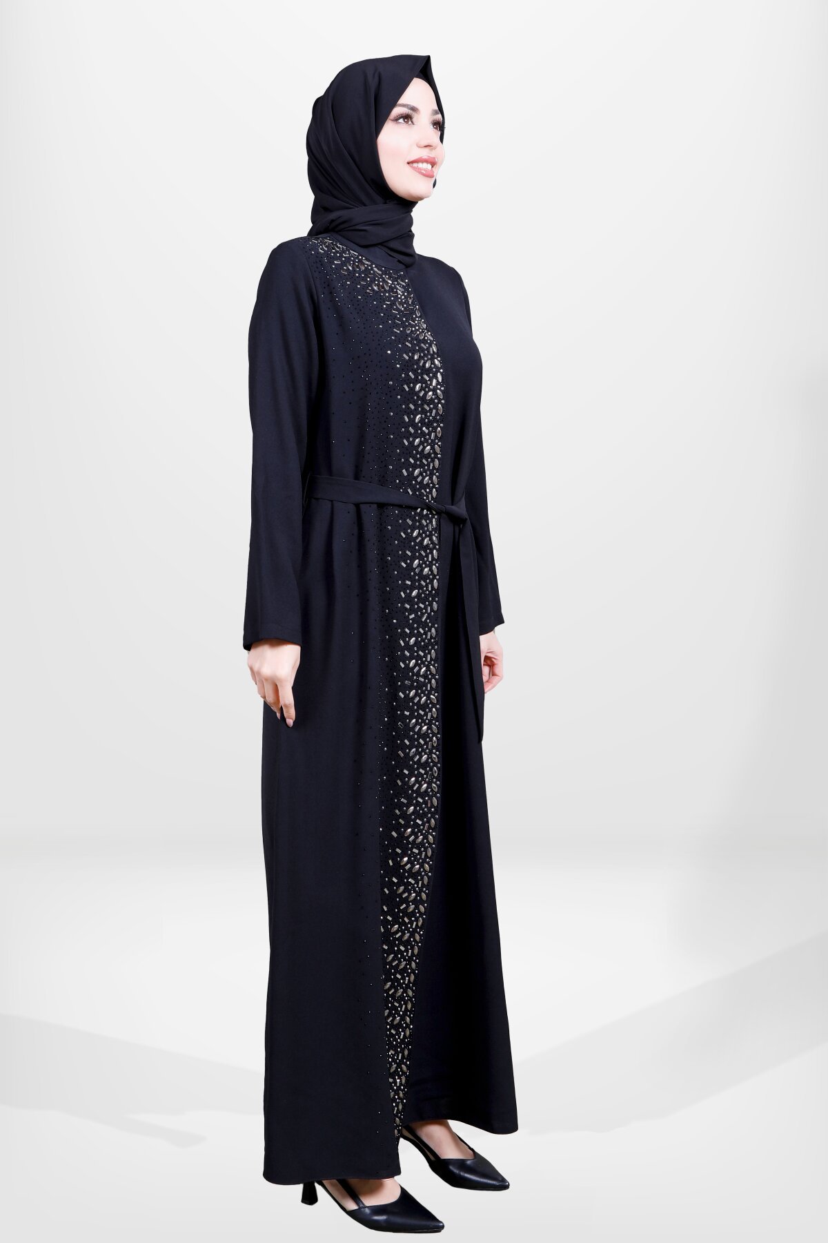 Belted Waist Stone Embellished Modest Evening Dress - Black - Beyza
