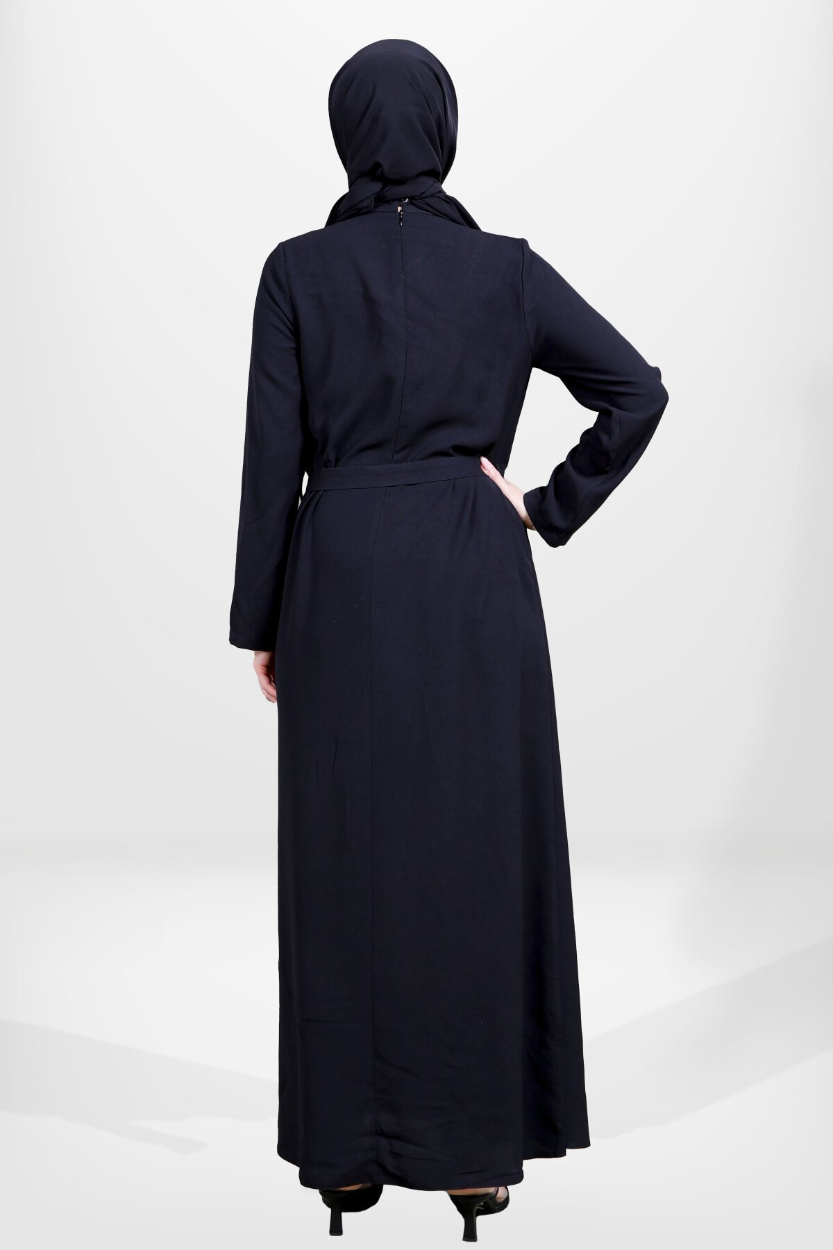 Belted Waist Stone Embellished Modest Evening Dress - Black - Beyza