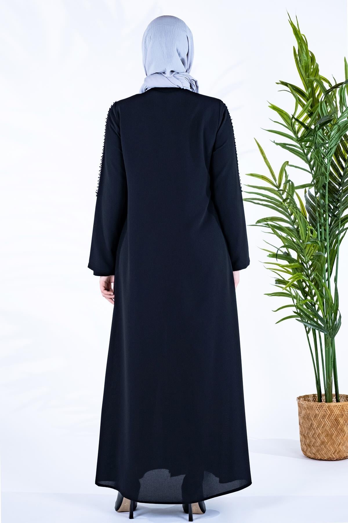 Beaded Stripe Detail Berat Placket Abaya - Black - Beyza