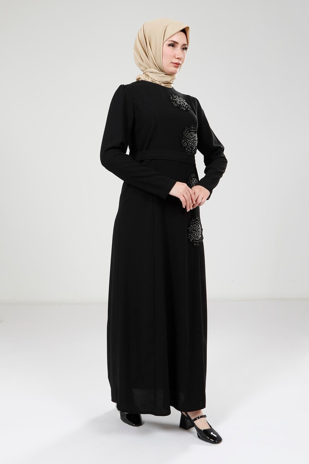 Modest Floral Rhinestone Patterned Evening Dress - Black - Beyza