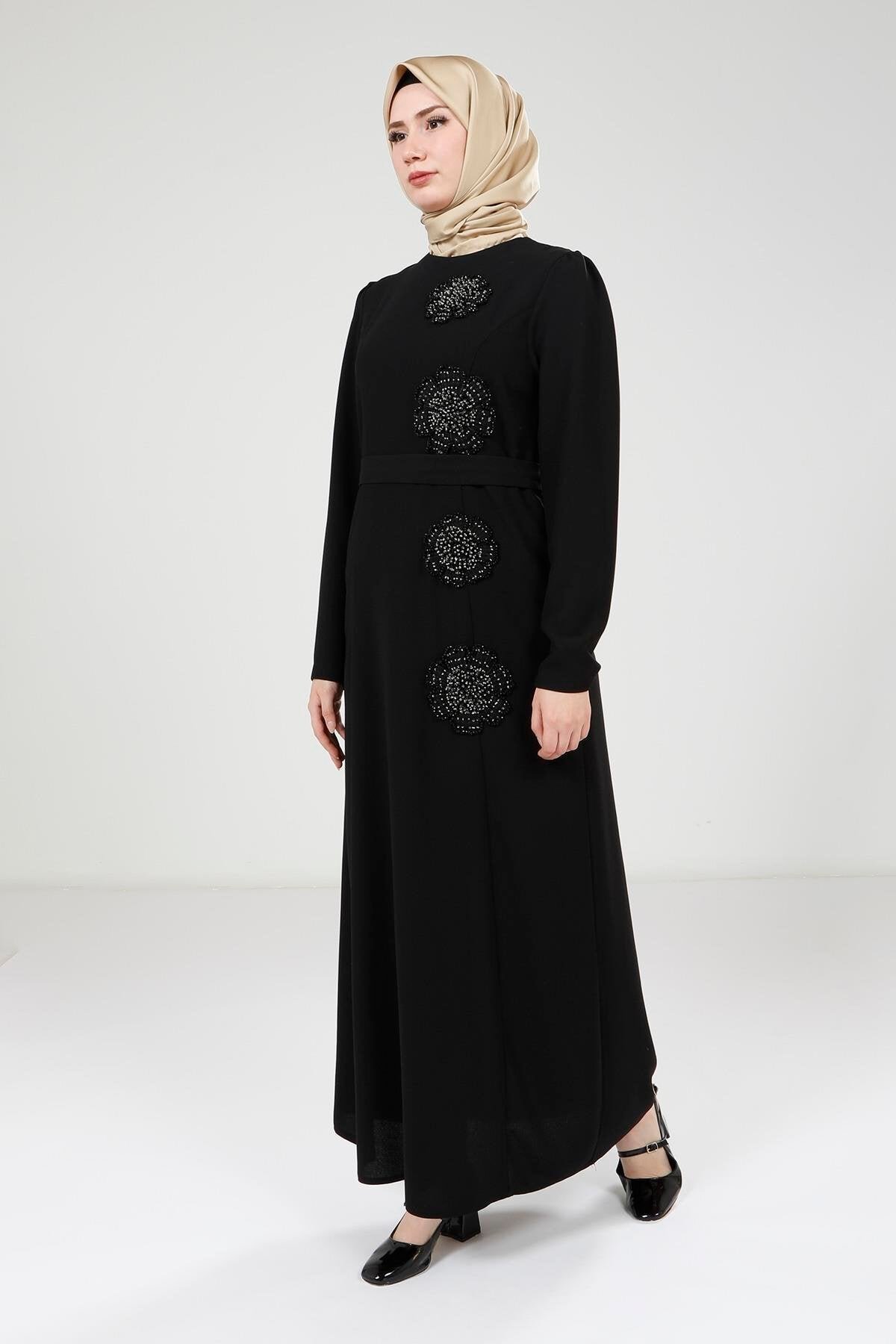 Modest Floral Rhinestone Patterned Evening Dress - Black - Beyza