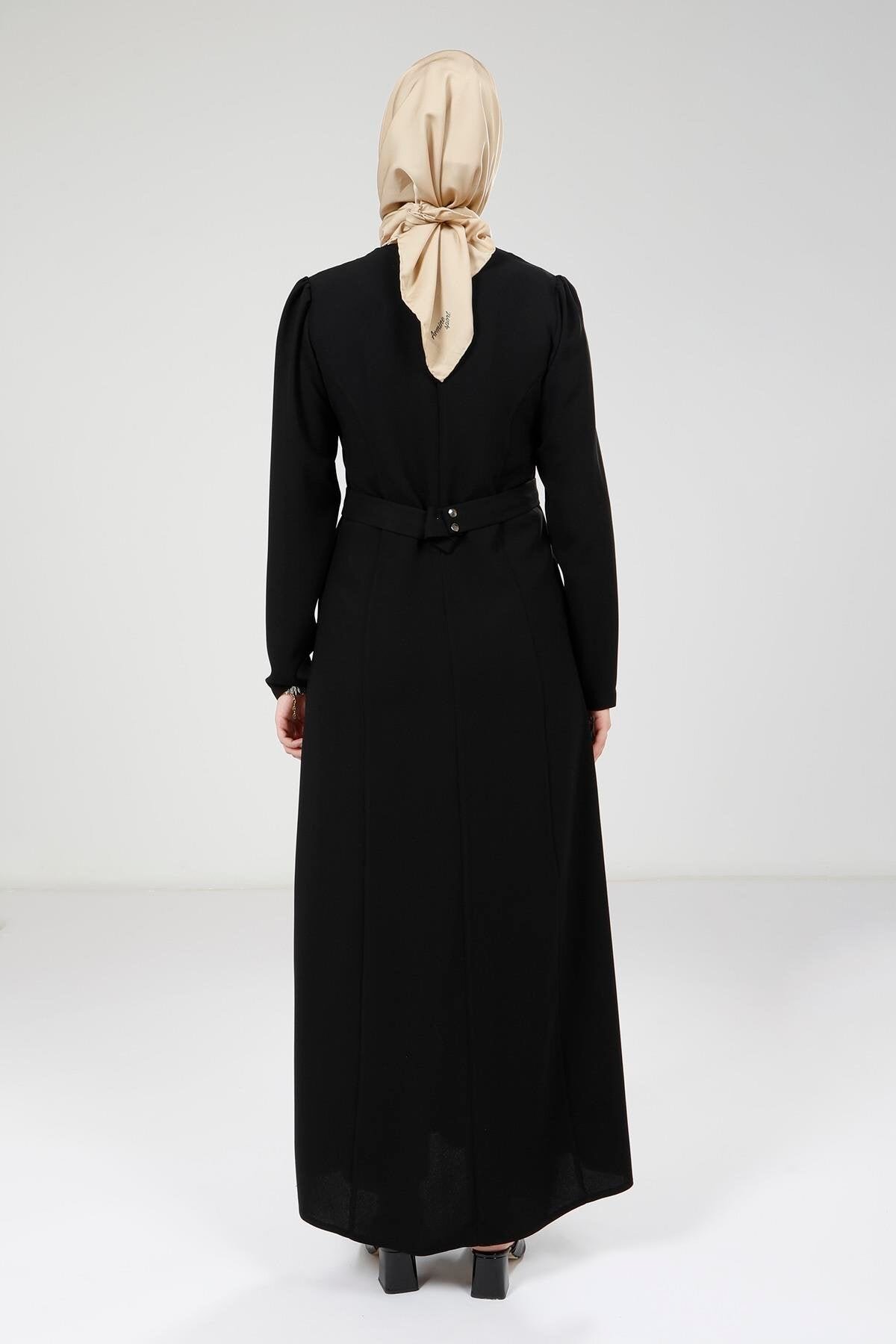 Modest Floral Rhinestone Patterned Evening Dress - Black - Beyza
