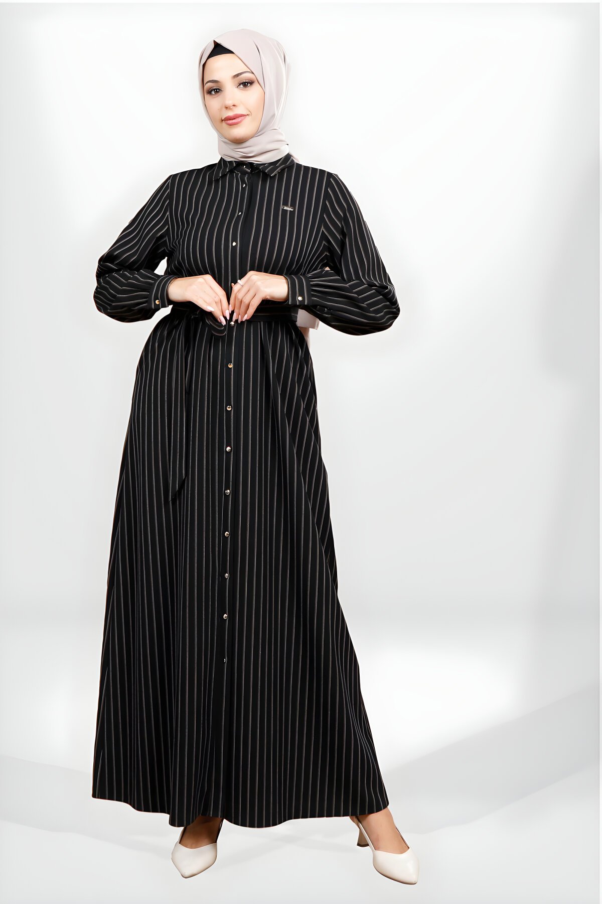 Siyah Çizgili Kışlık Kuşaklı Tesettür Elbise - Beyza