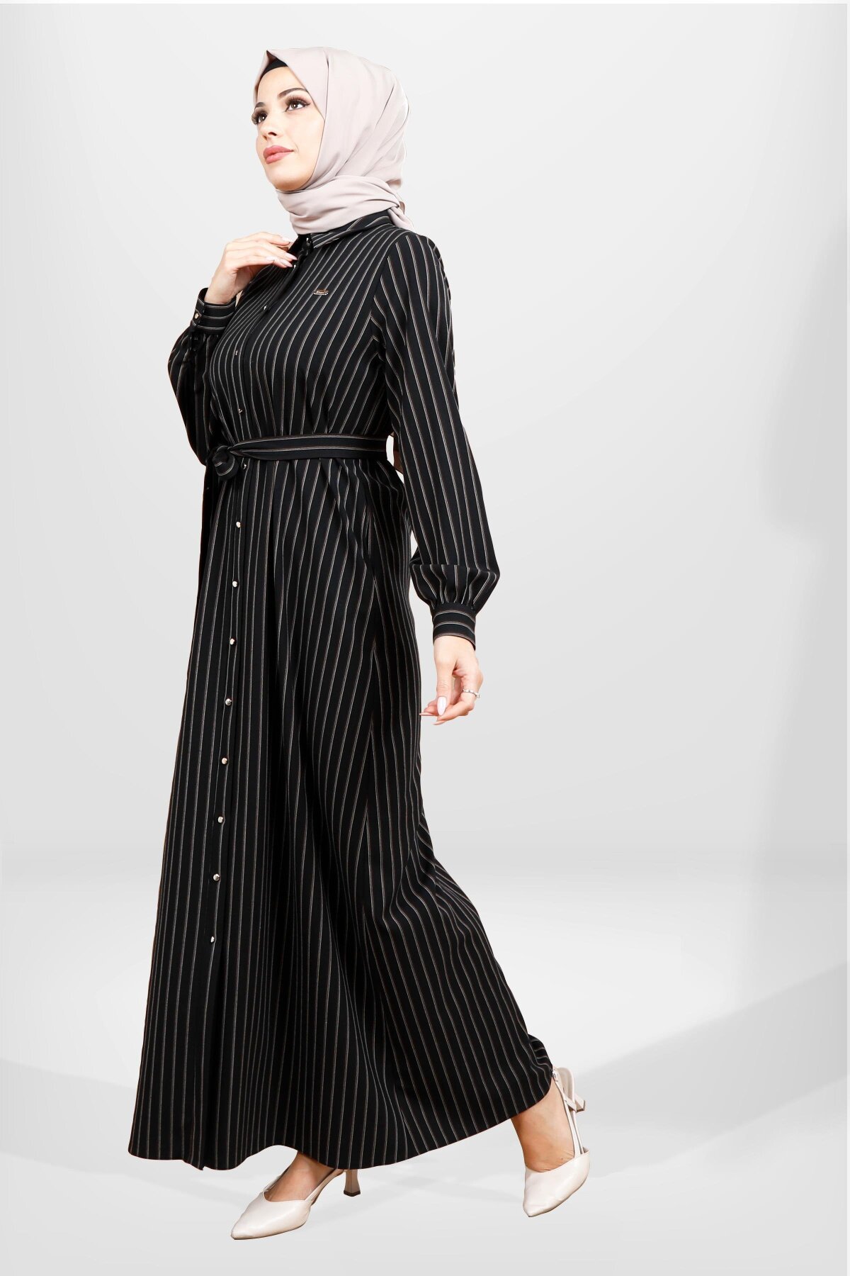 Belted Striped Winter Modest Dress - Black - Beyza