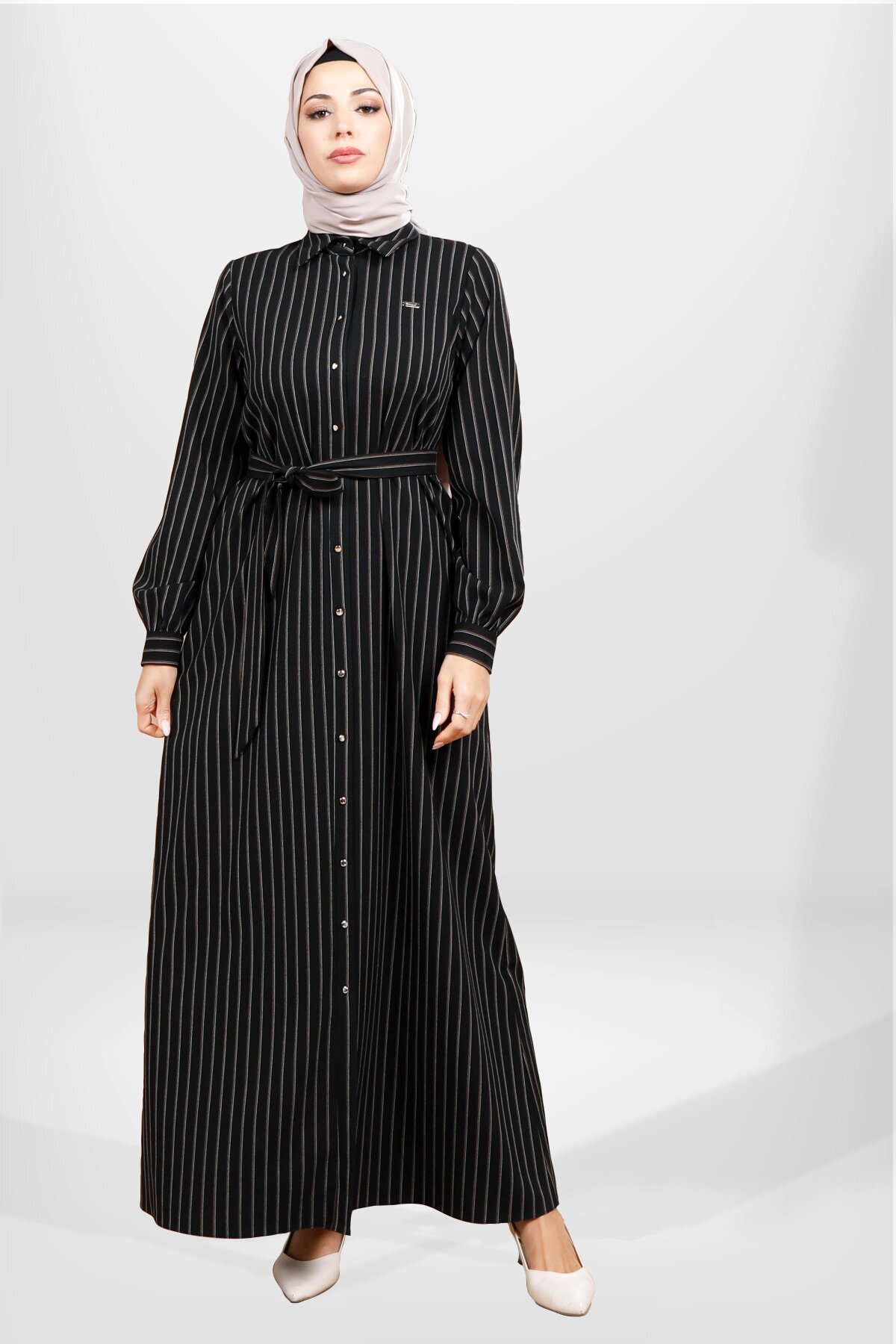 Belted Striped Winter Modest Dress - Black - Beyza