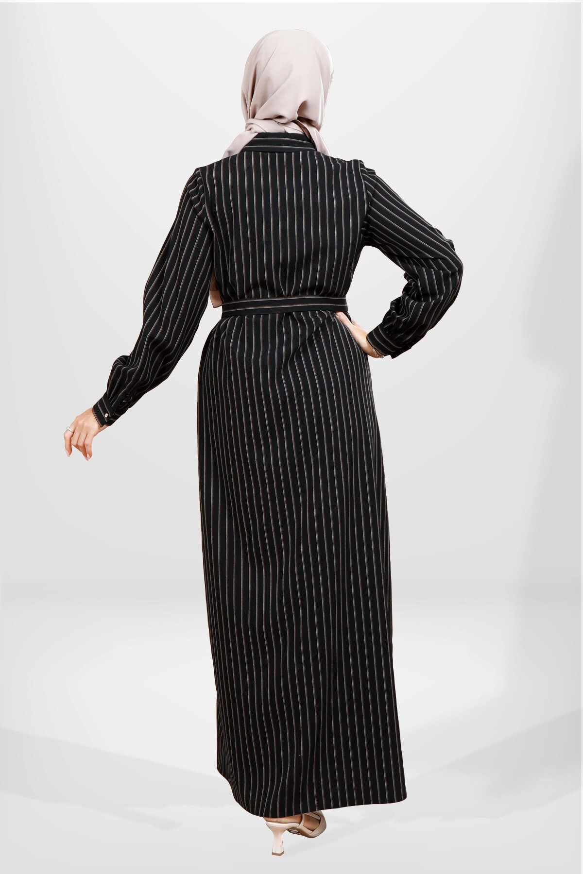 Belted Striped Winter Modest Dress - Black - Beyza