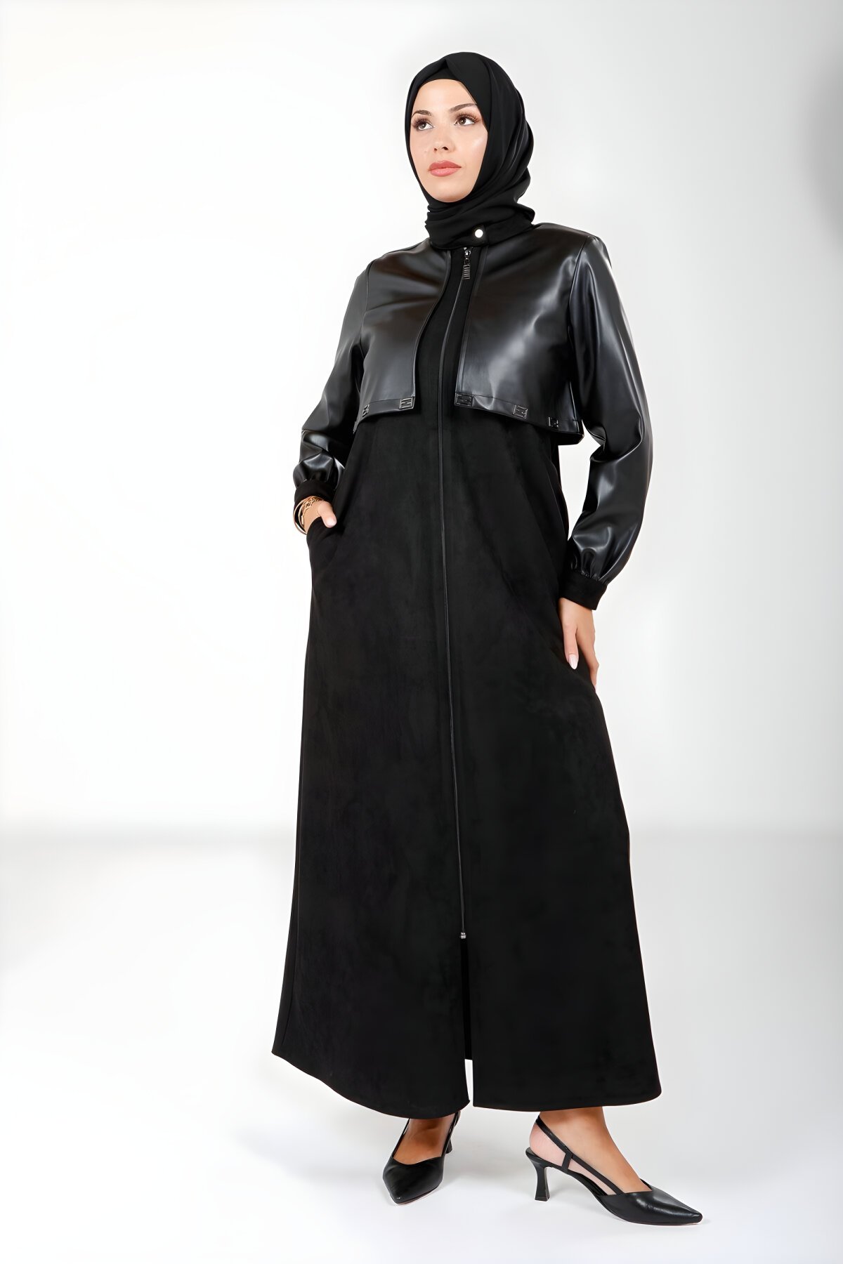 Leather and Suede Zippered Ferace - Black - Beyza