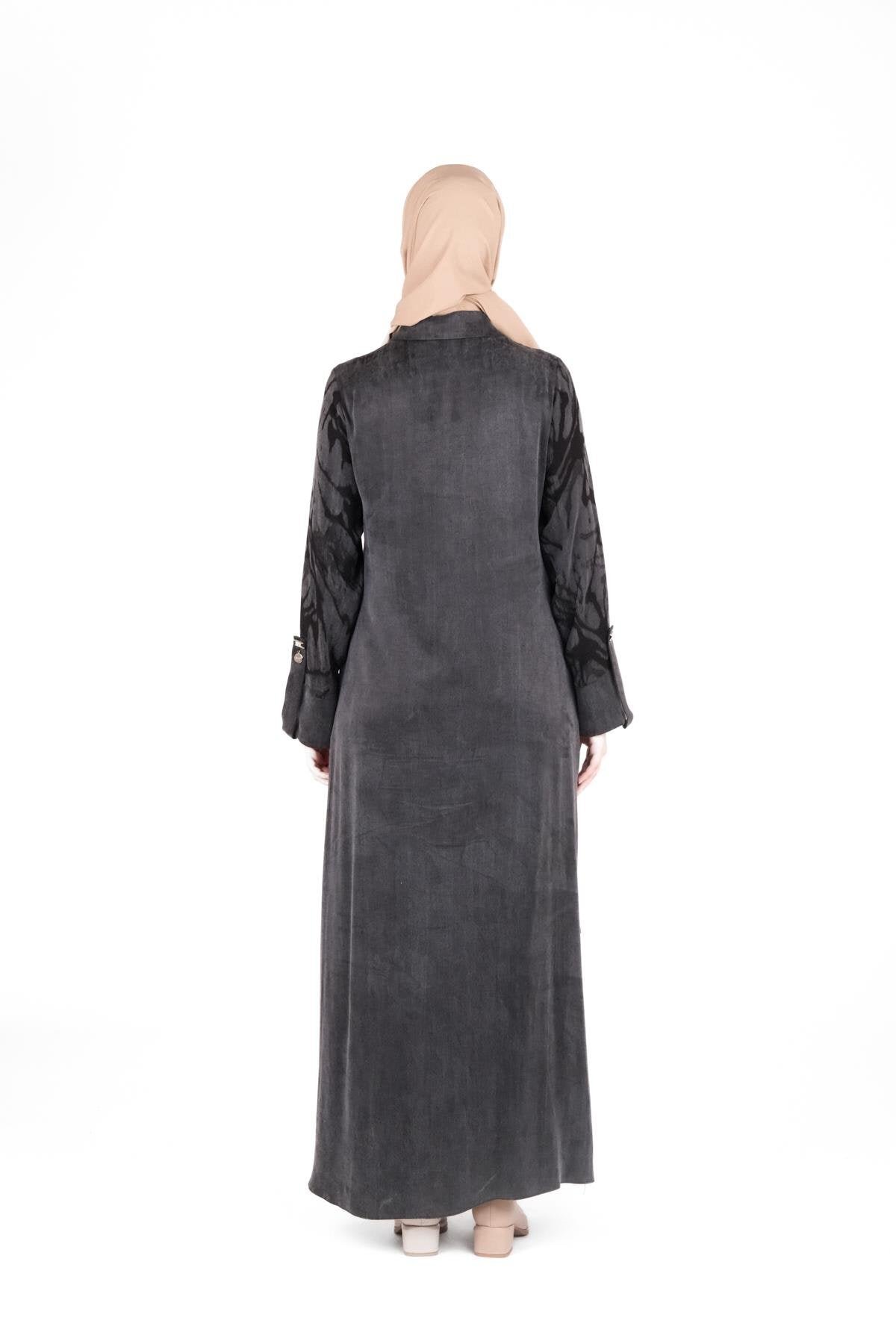 Patterned Buttoned Shoulder Detail Abaya - Black - Beyza