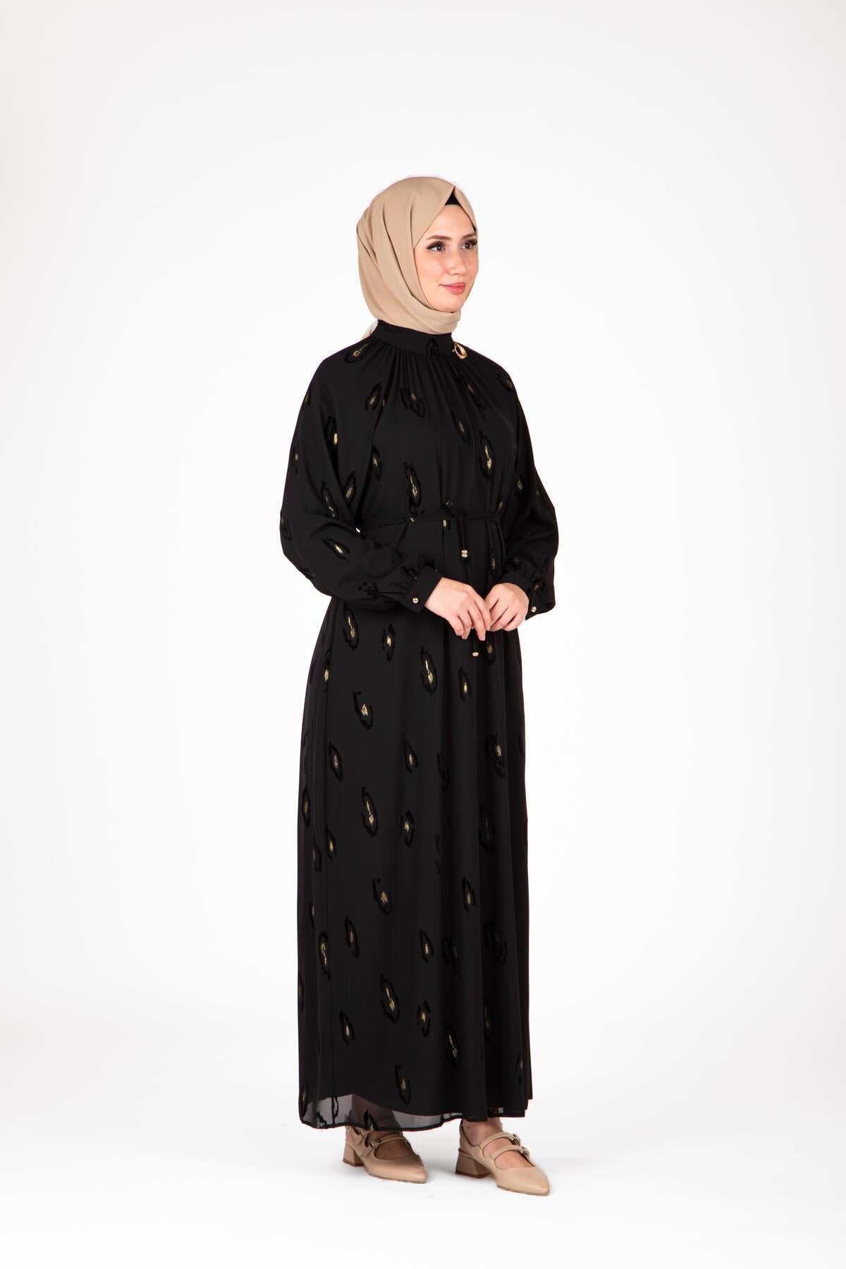 Patterned Brooch-Detail Modest Evening Dress - Black - Beyza