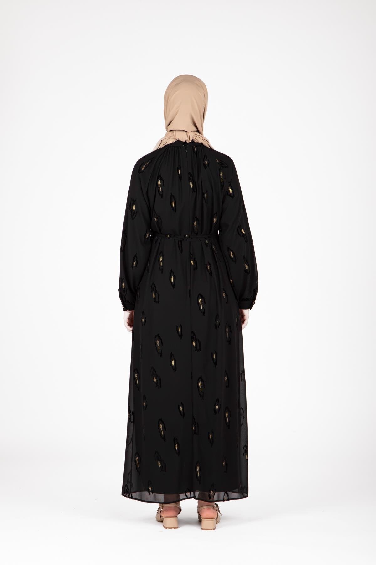 Patterned Brooch-Detail Modest Evening Dress - Black - Beyza