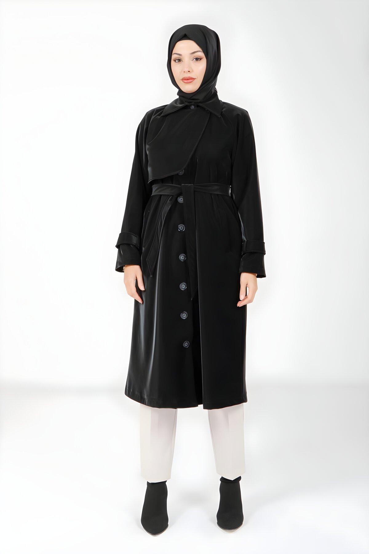 معطف ترنش أسود بأزرار وحزام - Beyza