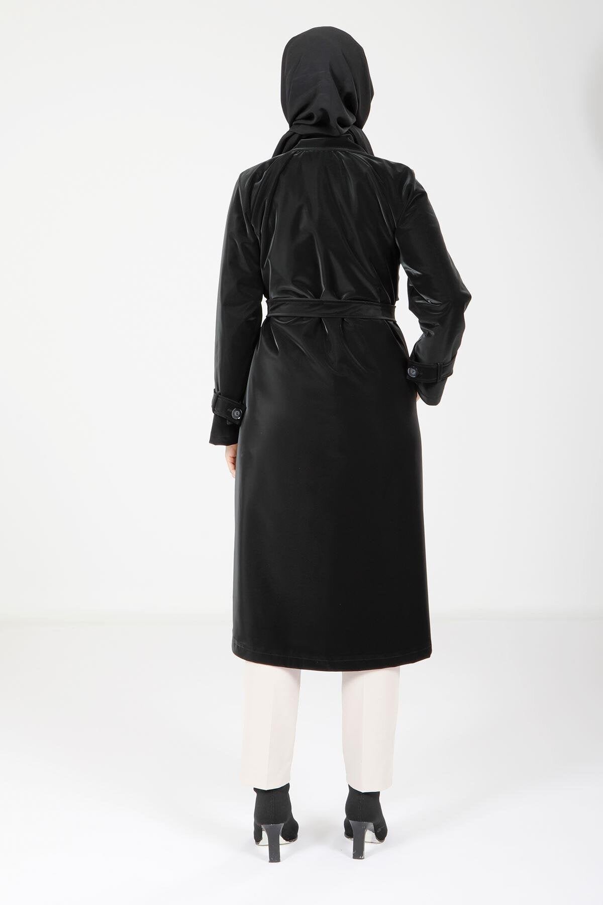 Belted Button-Detail Trench Coat - Black - Beyza