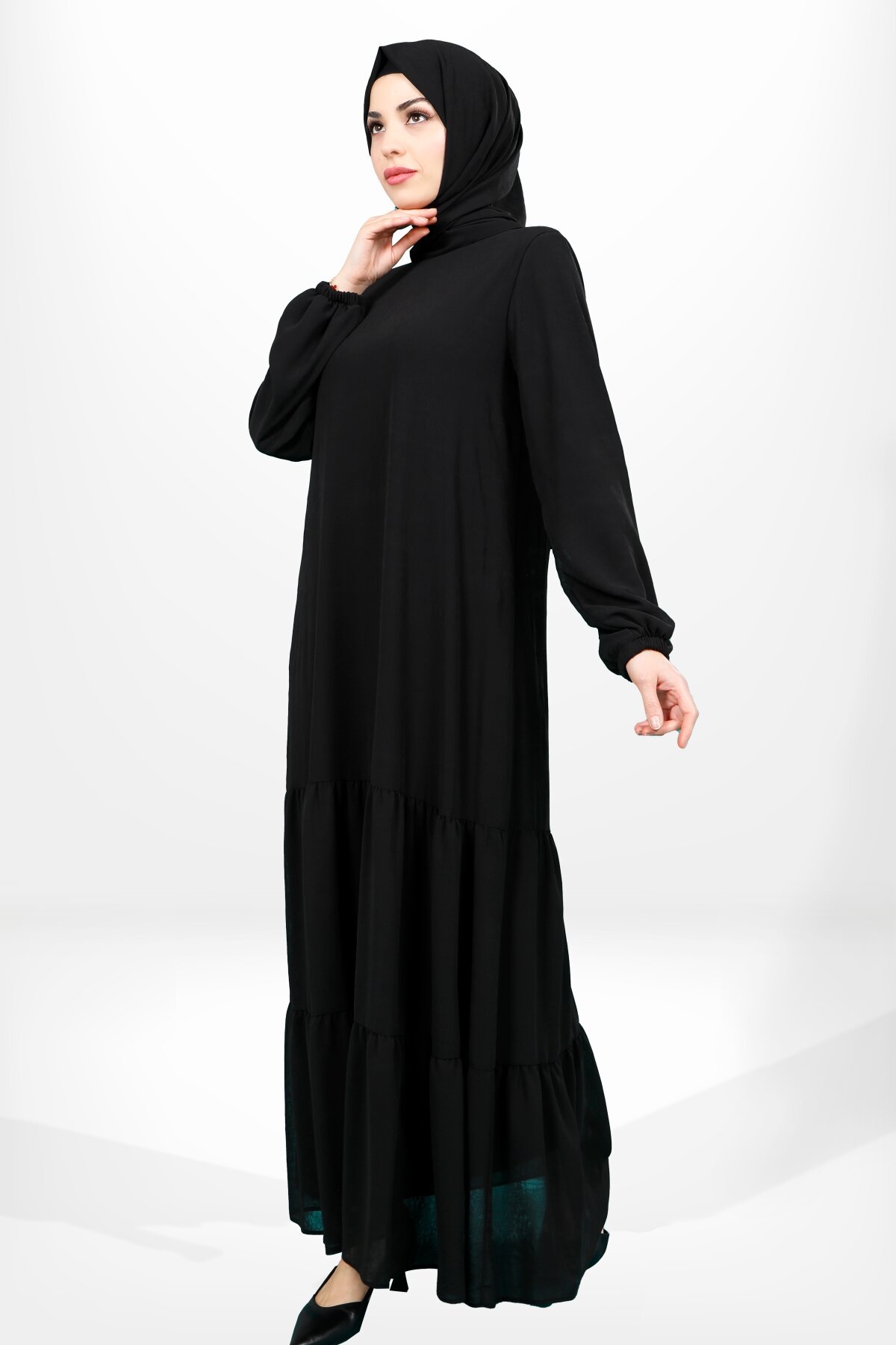 Elastic Sleeve Ruffled Modest Dress - Black - Beyza