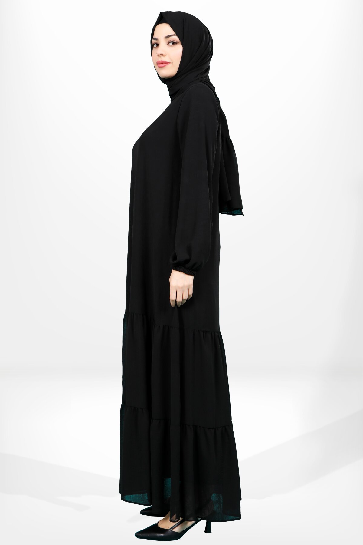 Elastic Sleeve Ruffled Modest Dress - Black - Beyza