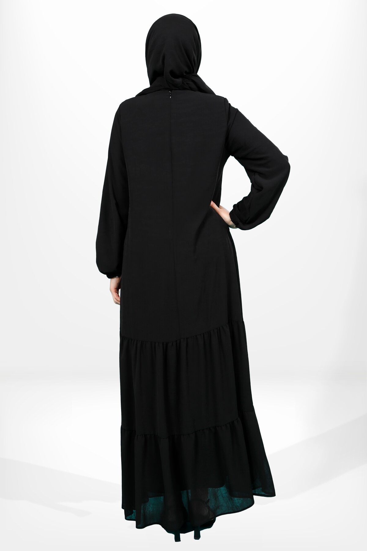 Elastic Sleeve Ruffled Modest Dress - Black - Beyza