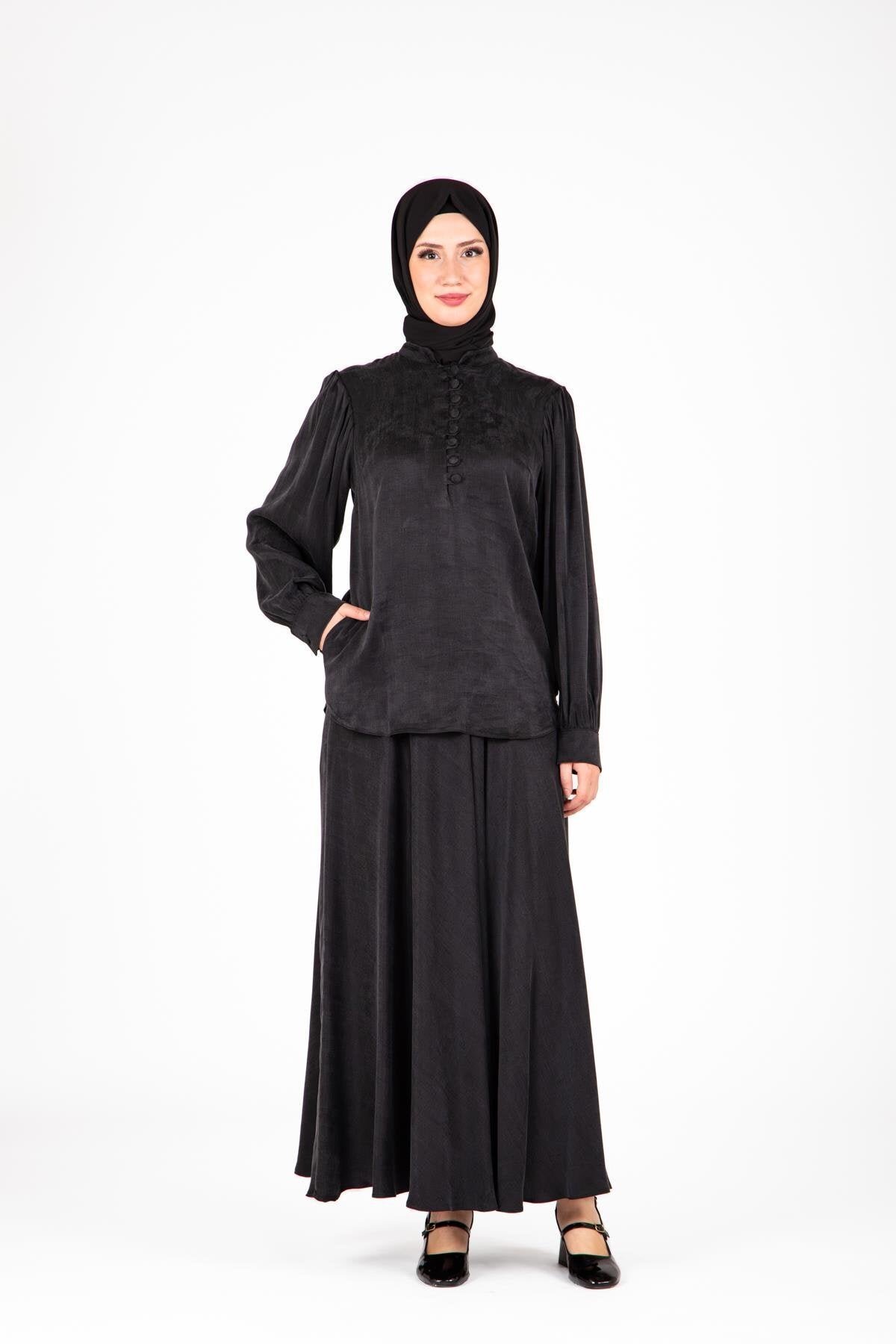 Two-Piece Skirt Collared Buttoned Modest Set - Black - Beyza