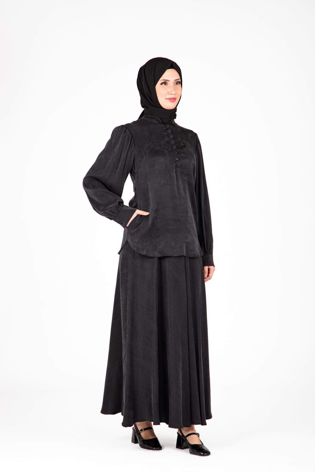 Two-Piece Skirt Collared Buttoned Modest Set - Black - Beyza