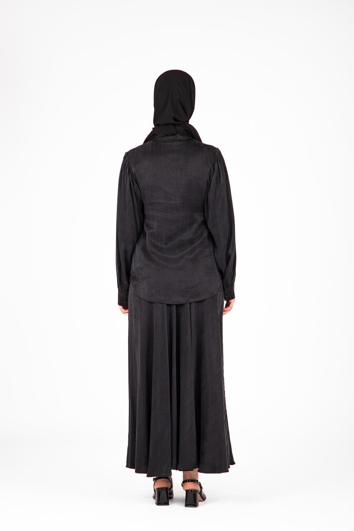 Two-Piece Skirt Collared Buttoned Modest Set - Black - Beyza