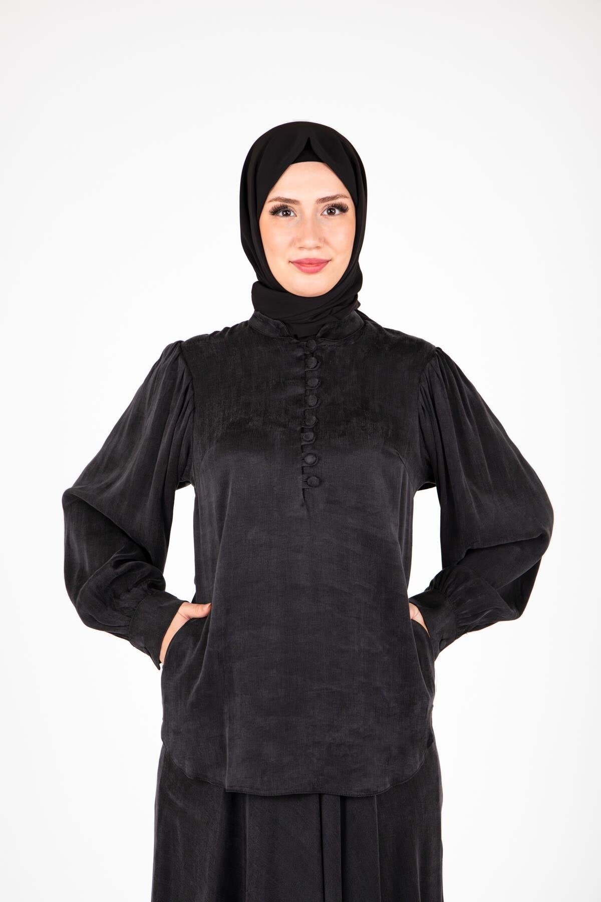 Two-Piece Skirt Collared Buttoned Modest Set - Black - Beyza