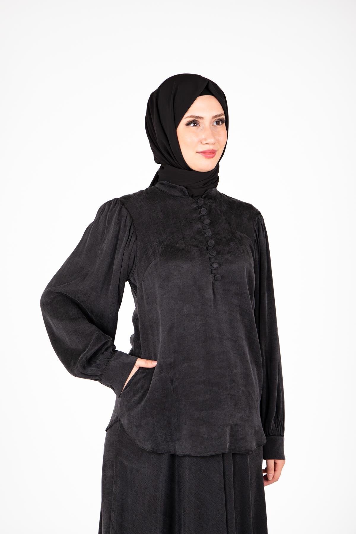 Two-Piece Skirt Collared Buttoned Modest Set - Black - Beyza