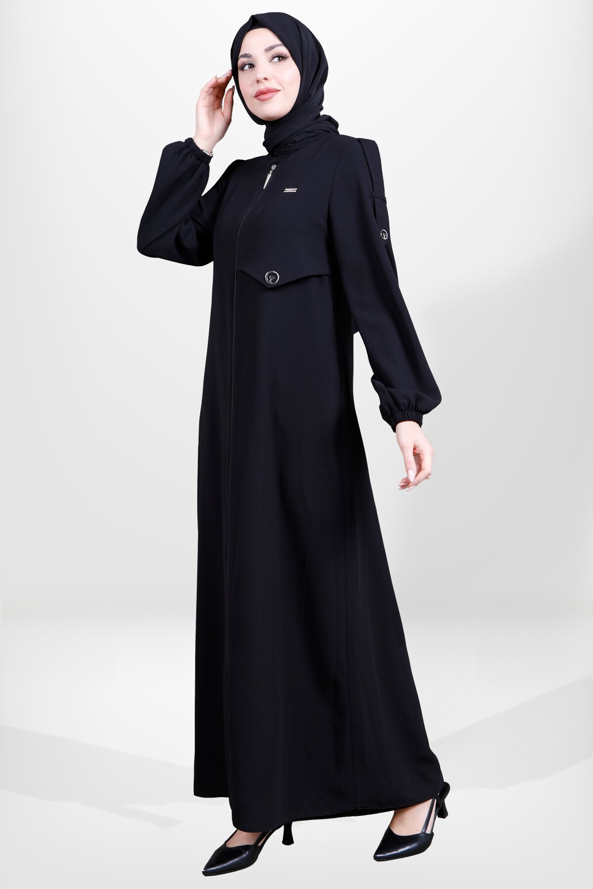 Zippered Epaulet Elastic-Cuff Ferace - Black - Beyza