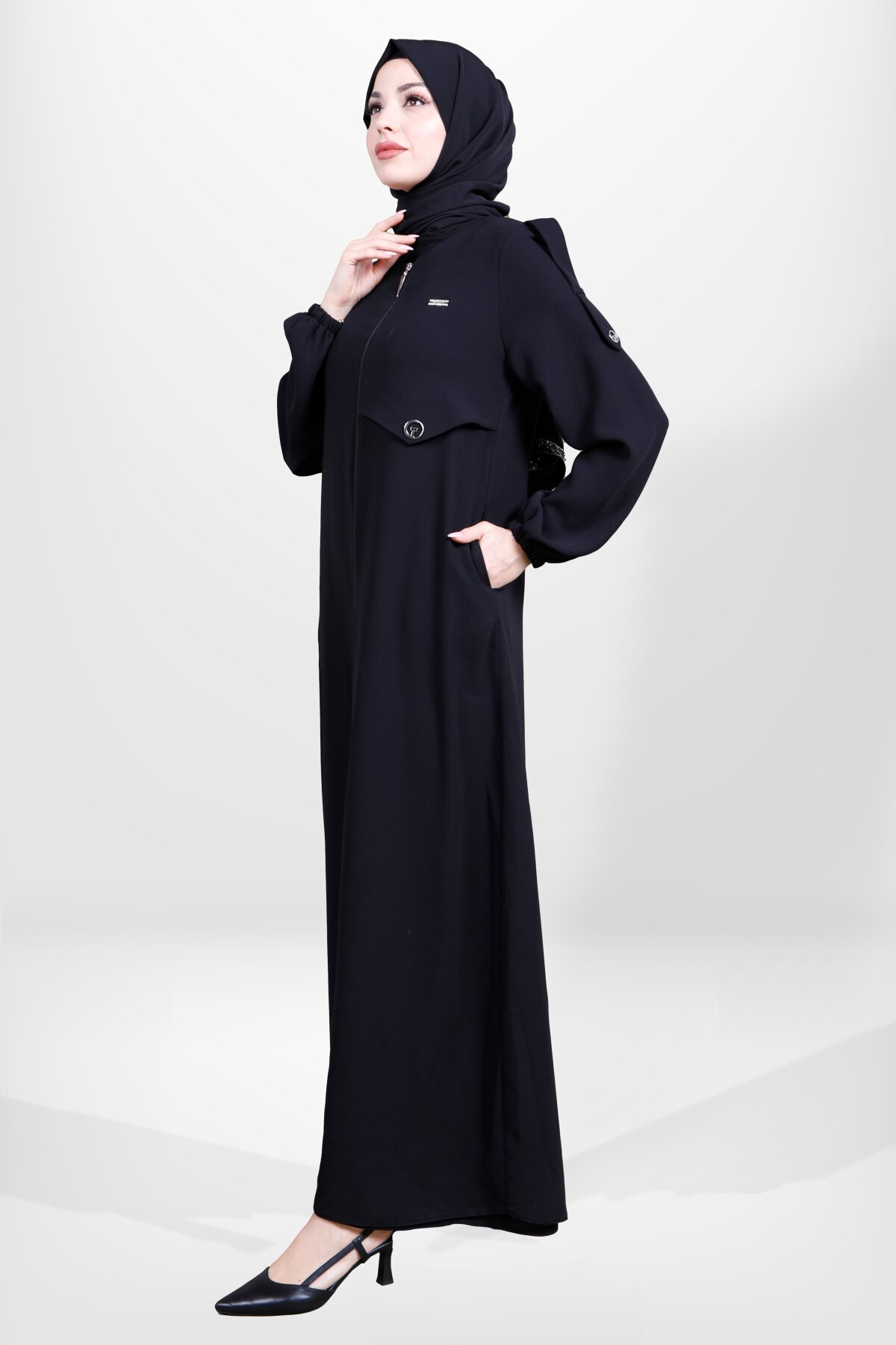 Zippered Epaulet Elastic-Cuff Ferace - Black - Beyza