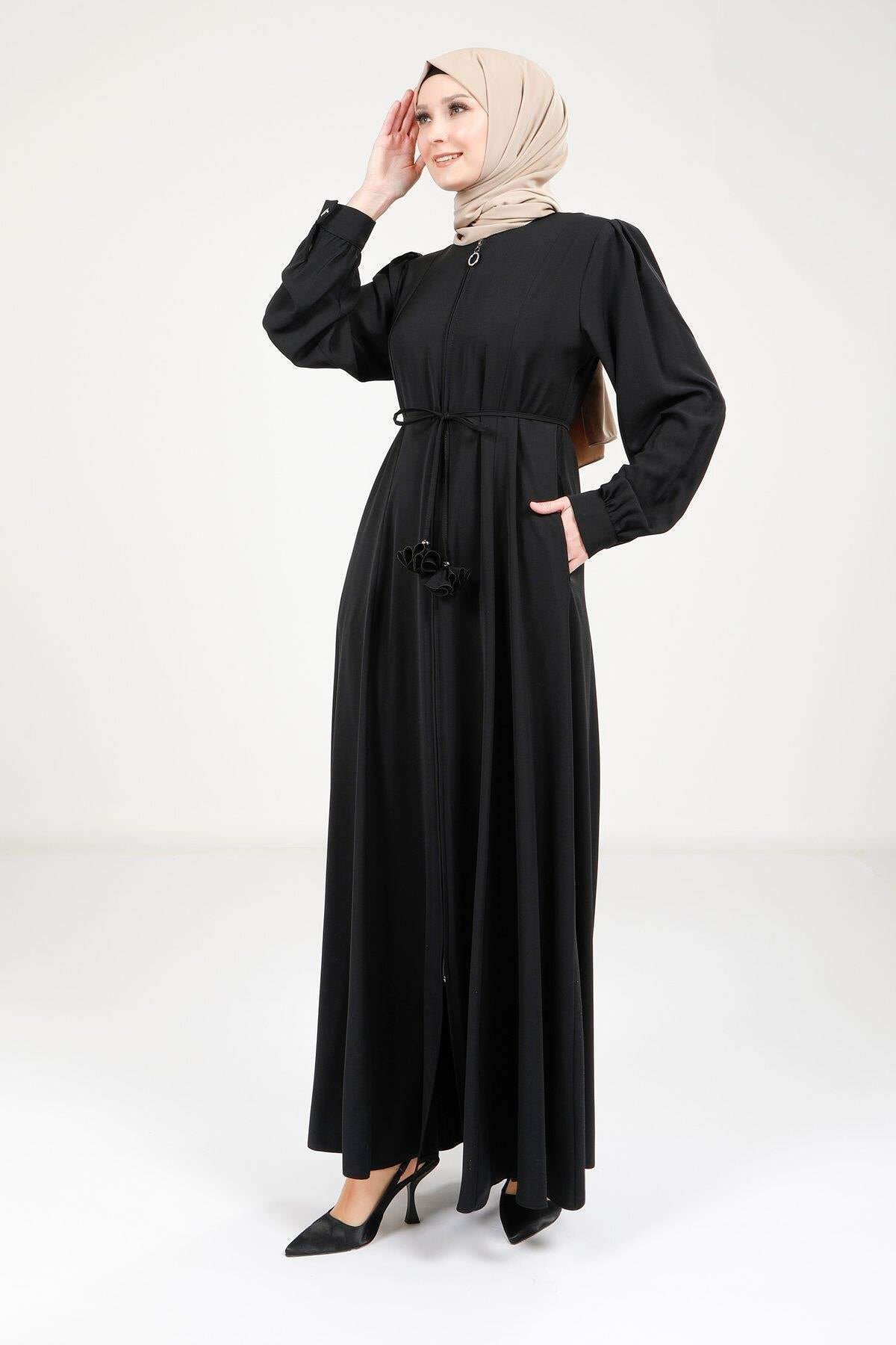 Zippered Tie-Detail Ferace - Black - Beyza