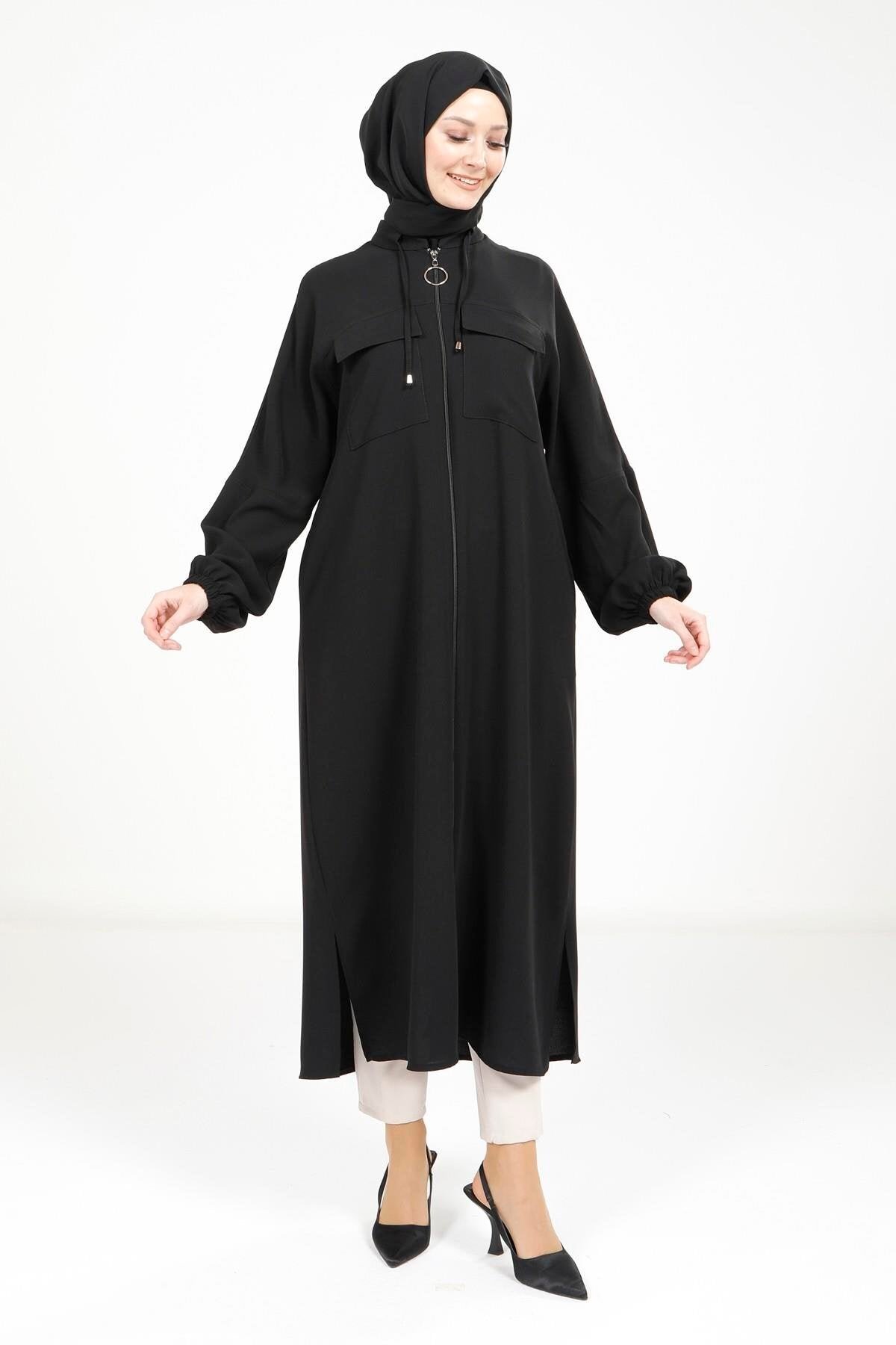 Throw-on Zippered Coat - Black - Beyza