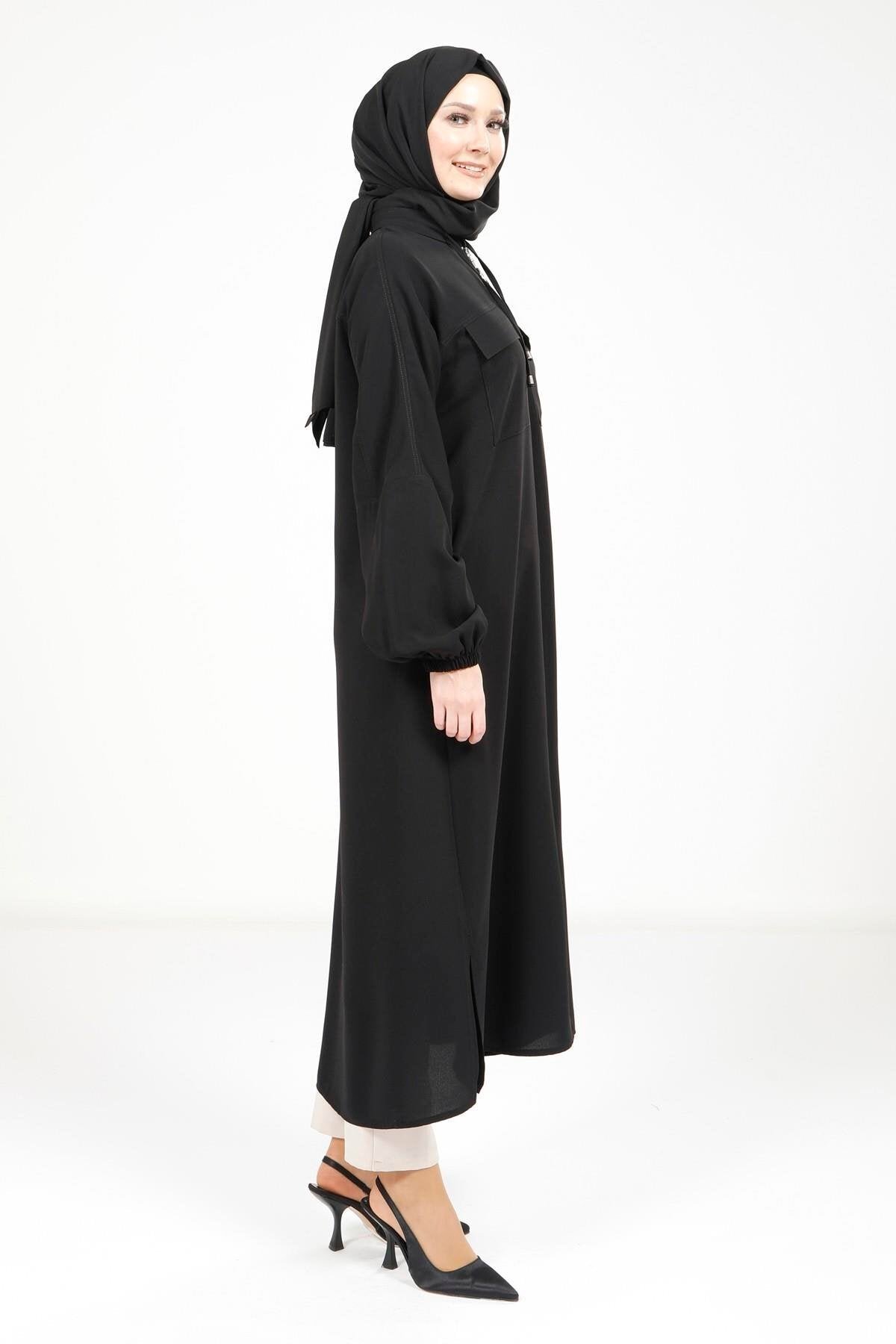 Throw-on Zippered Coat - Black - Beyza