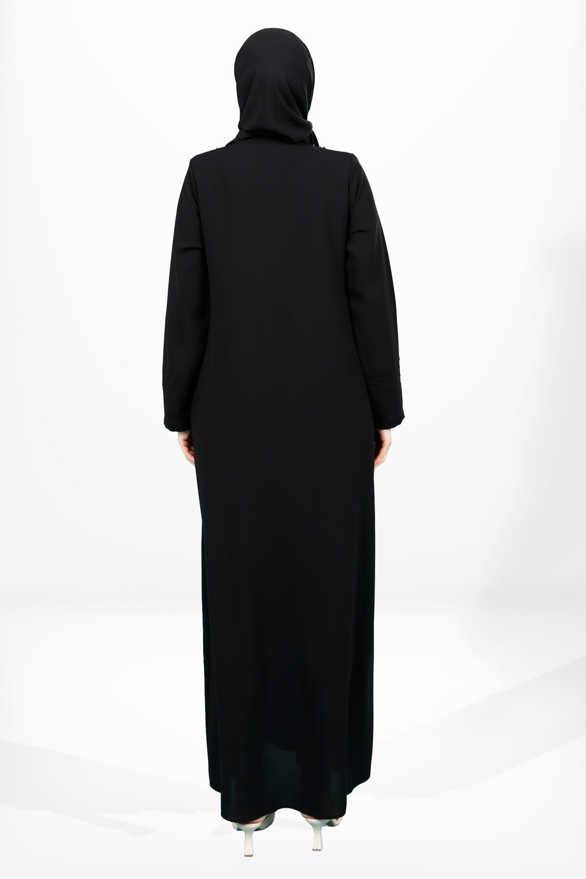 Pintucked Stone-Embellished Zipper Abaya - Black - Beyza