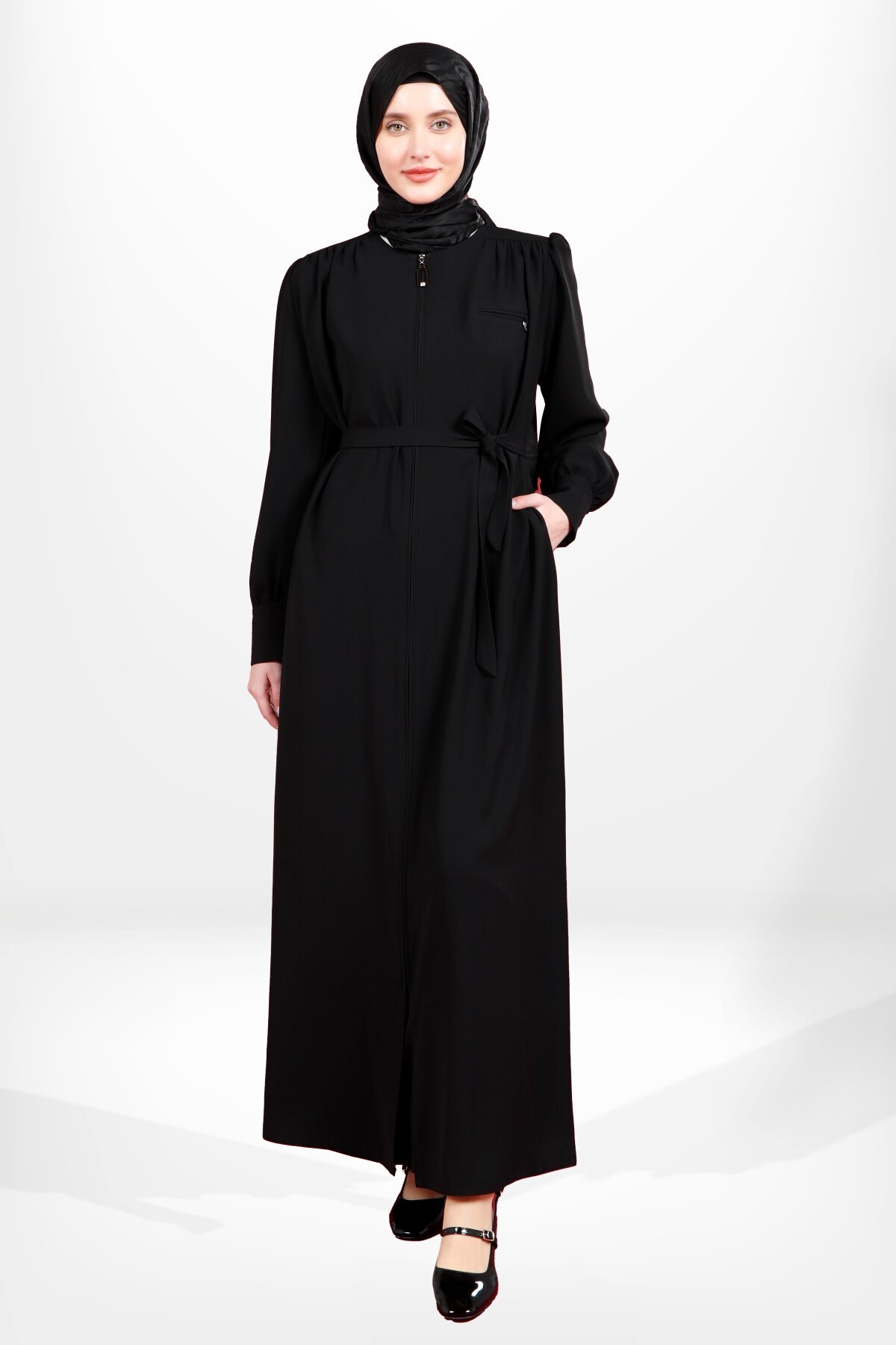 Zippered Detachable Belted Pocket Detail Abaya - Black - Beyza