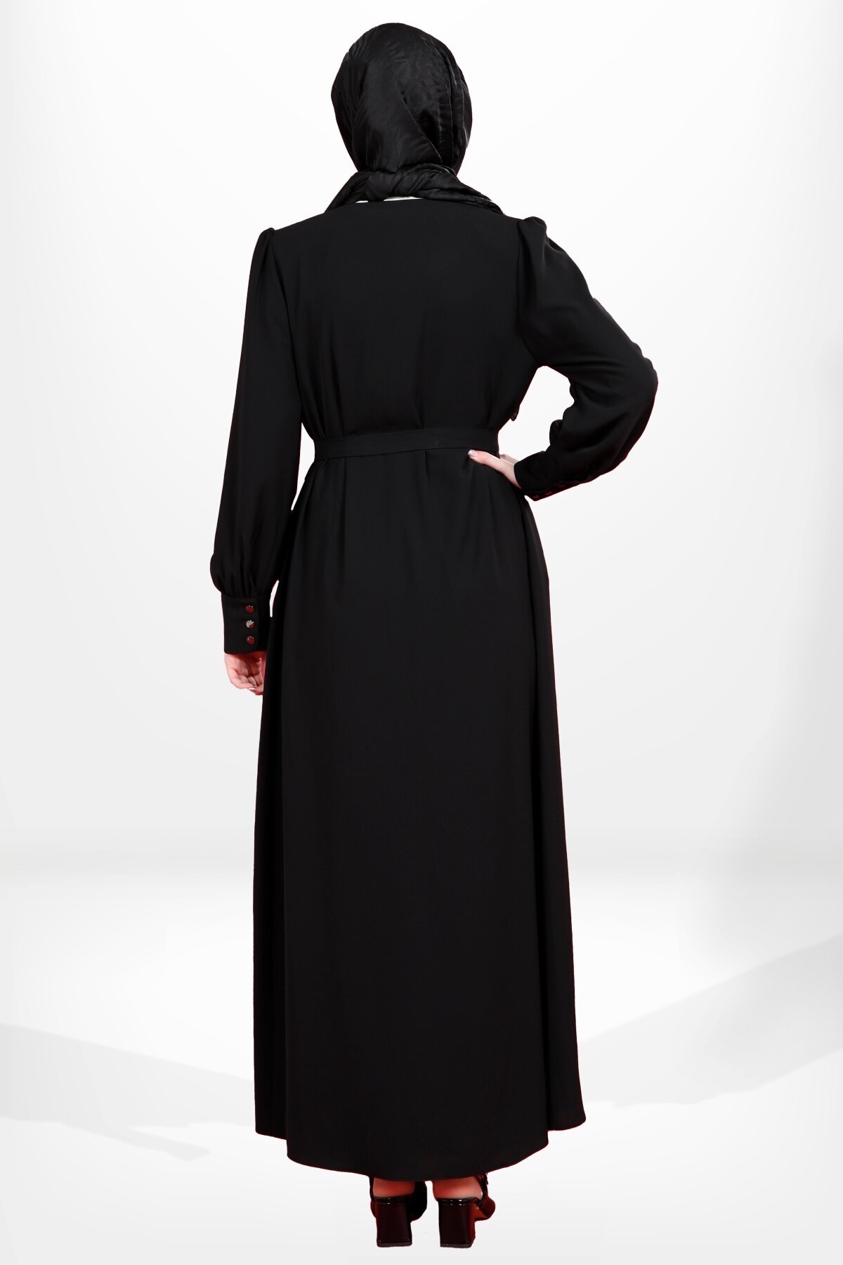 Zippered Detachable Belted Pocket Detail Abaya - Black - Beyza