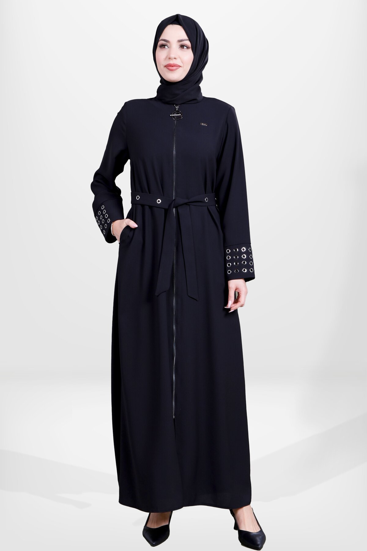 Zippered Detachable Belted Abaya - Black - Beyza