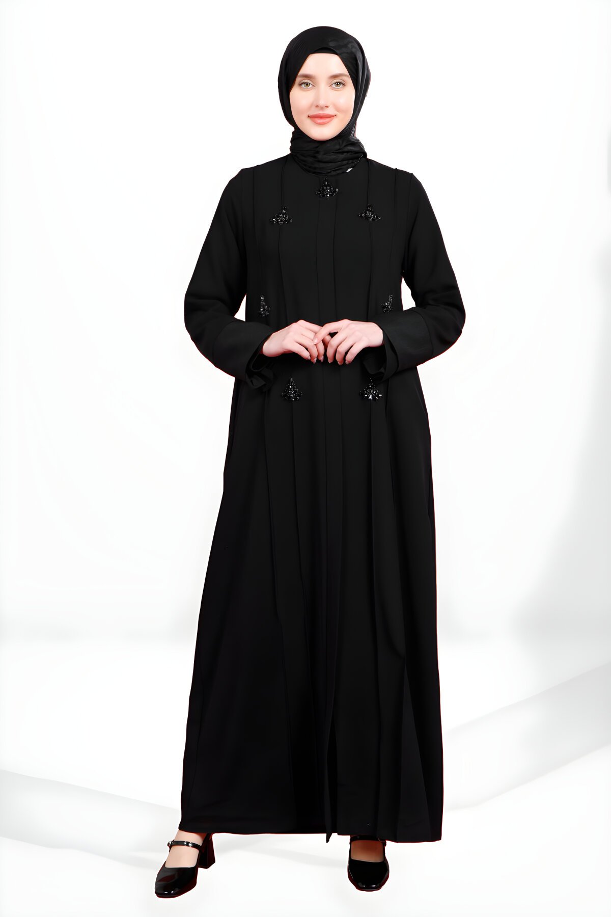 Siyah Fermuarlı Taş Aksesuarlı Yandan Cepli Ferace - Beyza