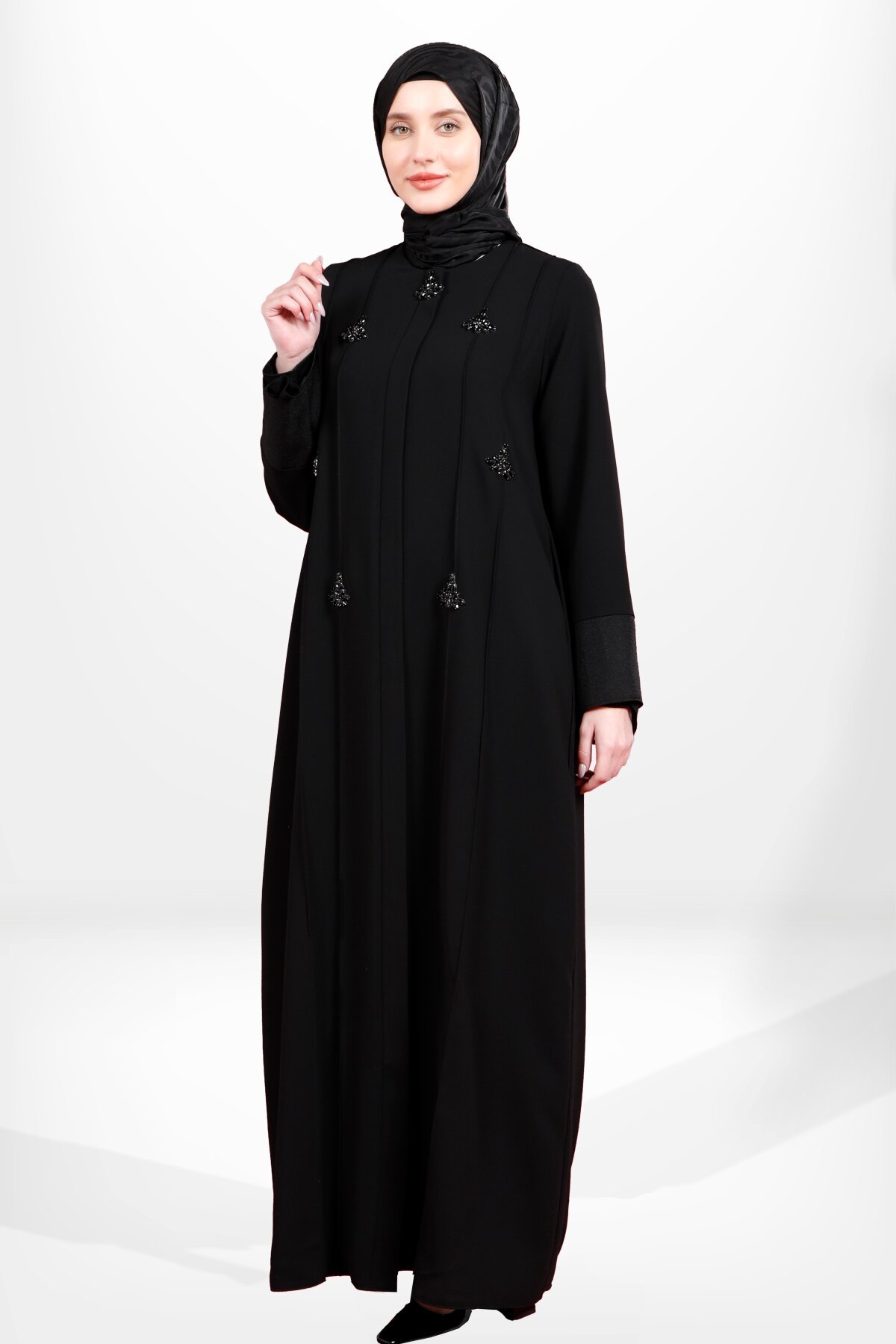 Stone Embellished, Zippered Side Pocket Abaya - Black - Beyza