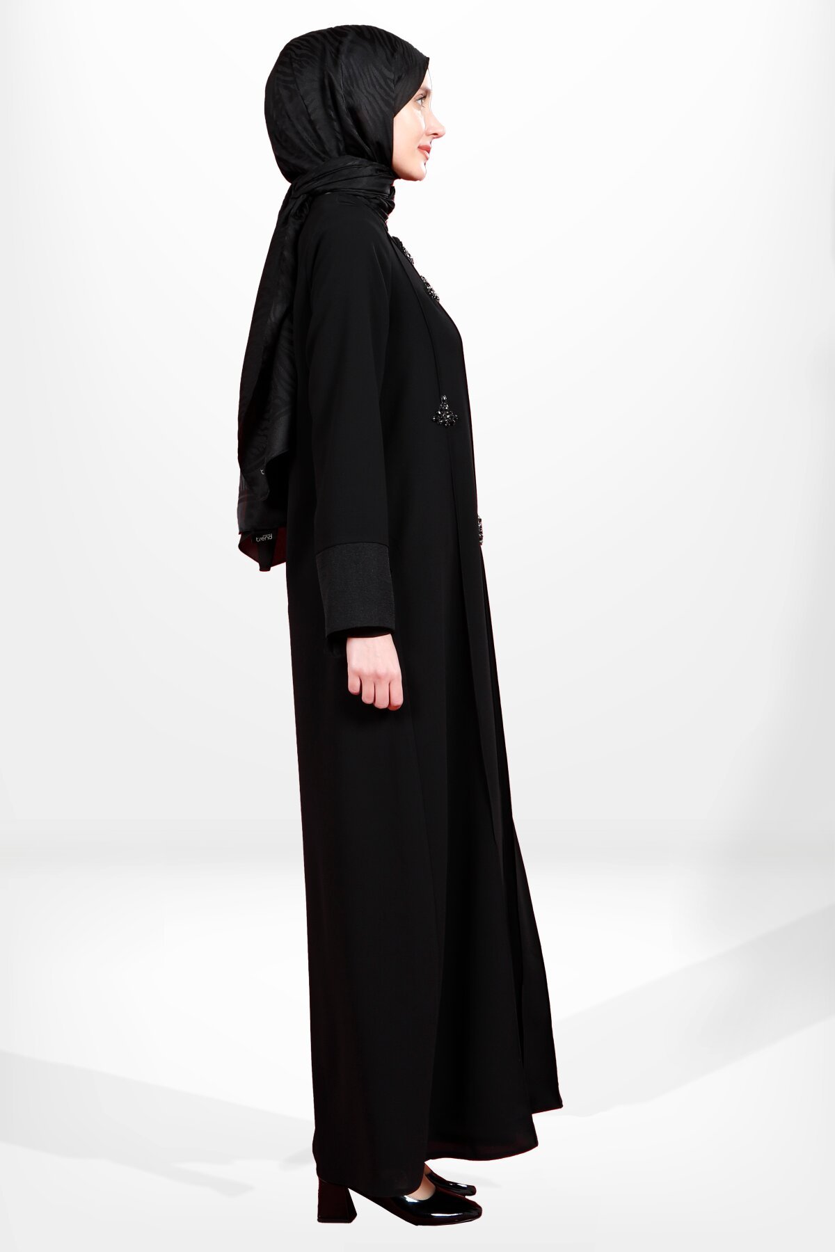 Stone Embellished, Zippered Side Pocket Abaya - Black - Beyza
