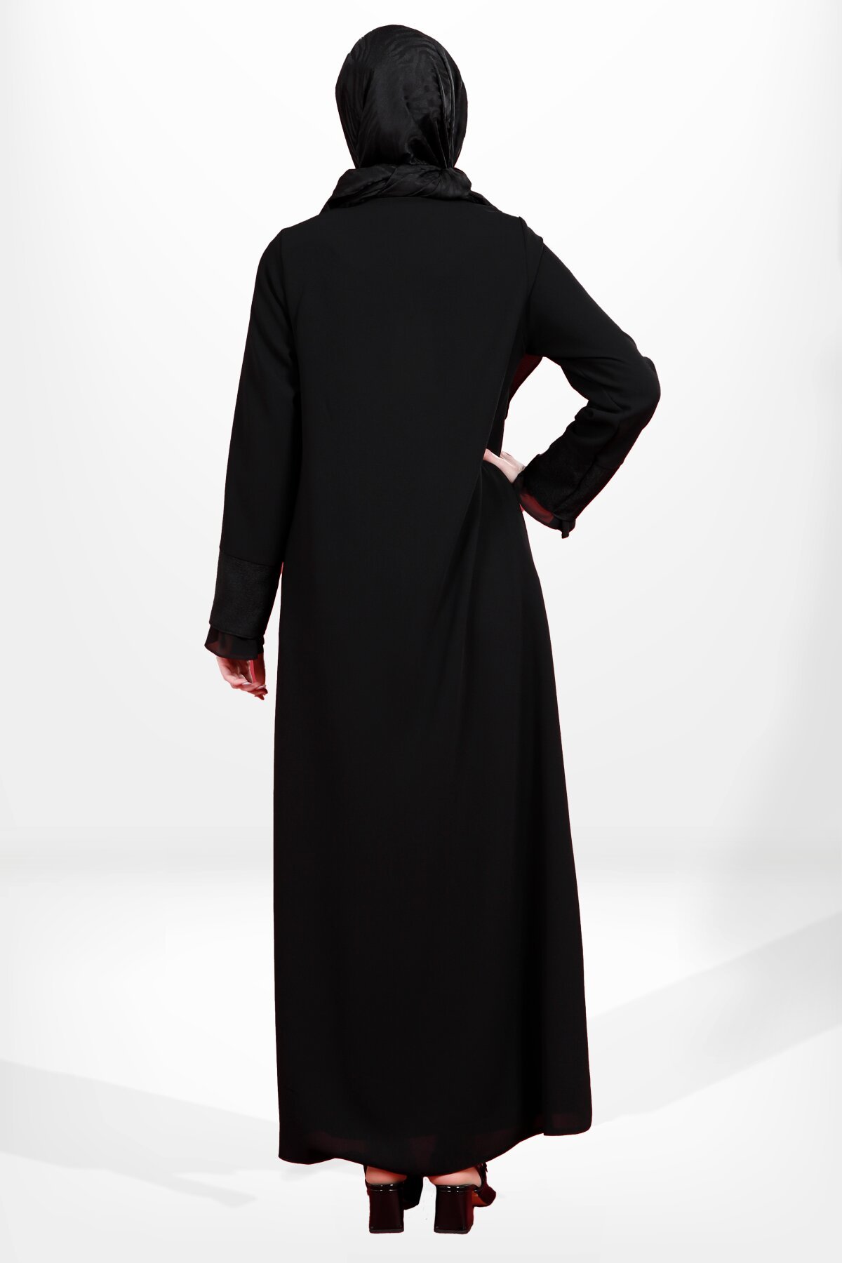 Stone Embellished, Zippered Side Pocket Abaya - Black - Beyza