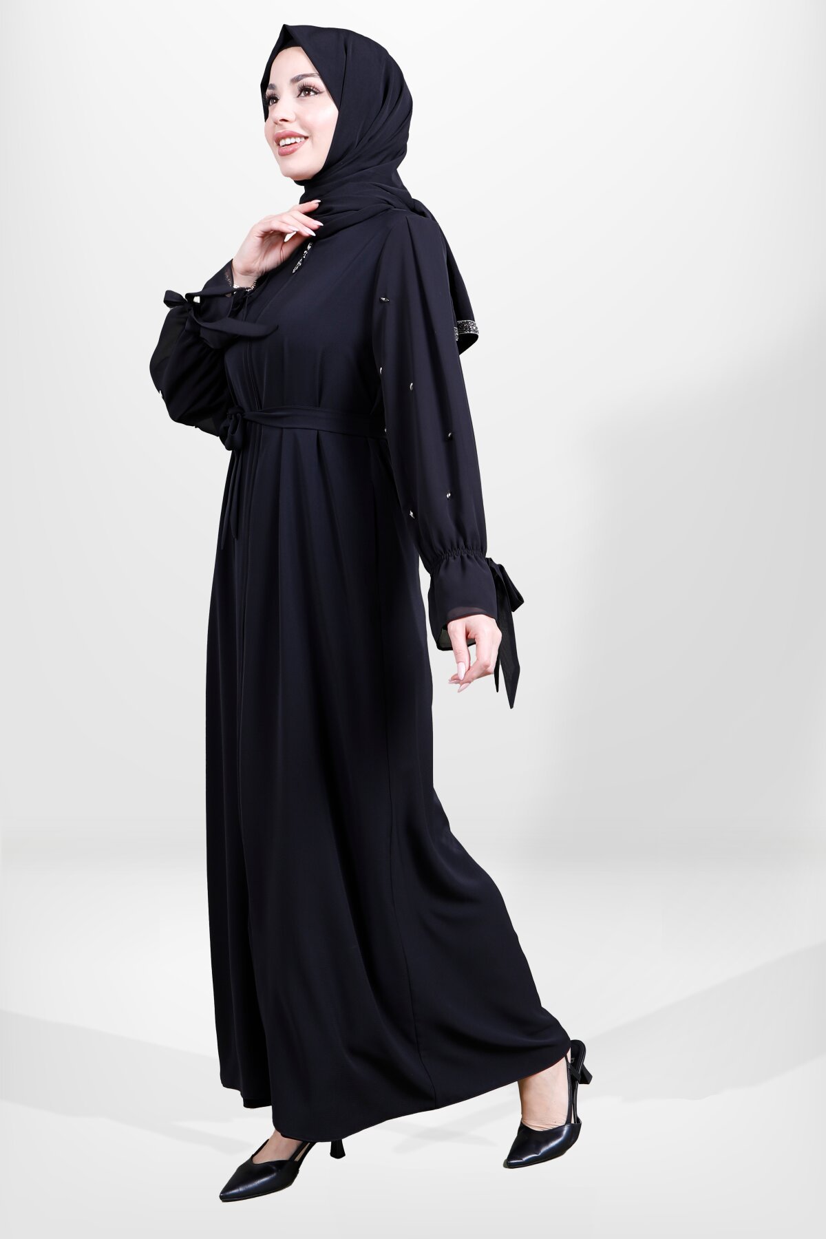 Zippered Belted Stone-Embellished Chiffon Detail Abaya - Black - Beyza