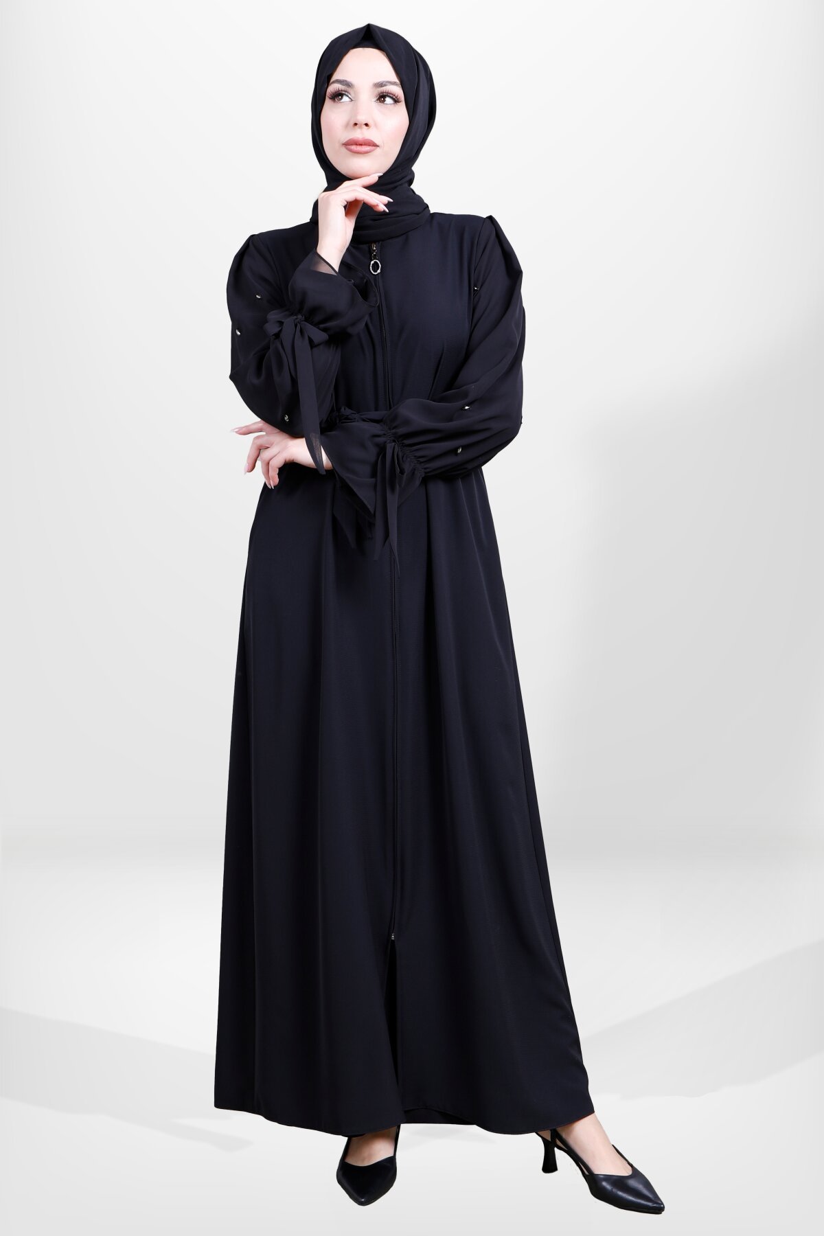 Zippered Belted Stone-Embellished Chiffon Detail Abaya - Black - Beyza