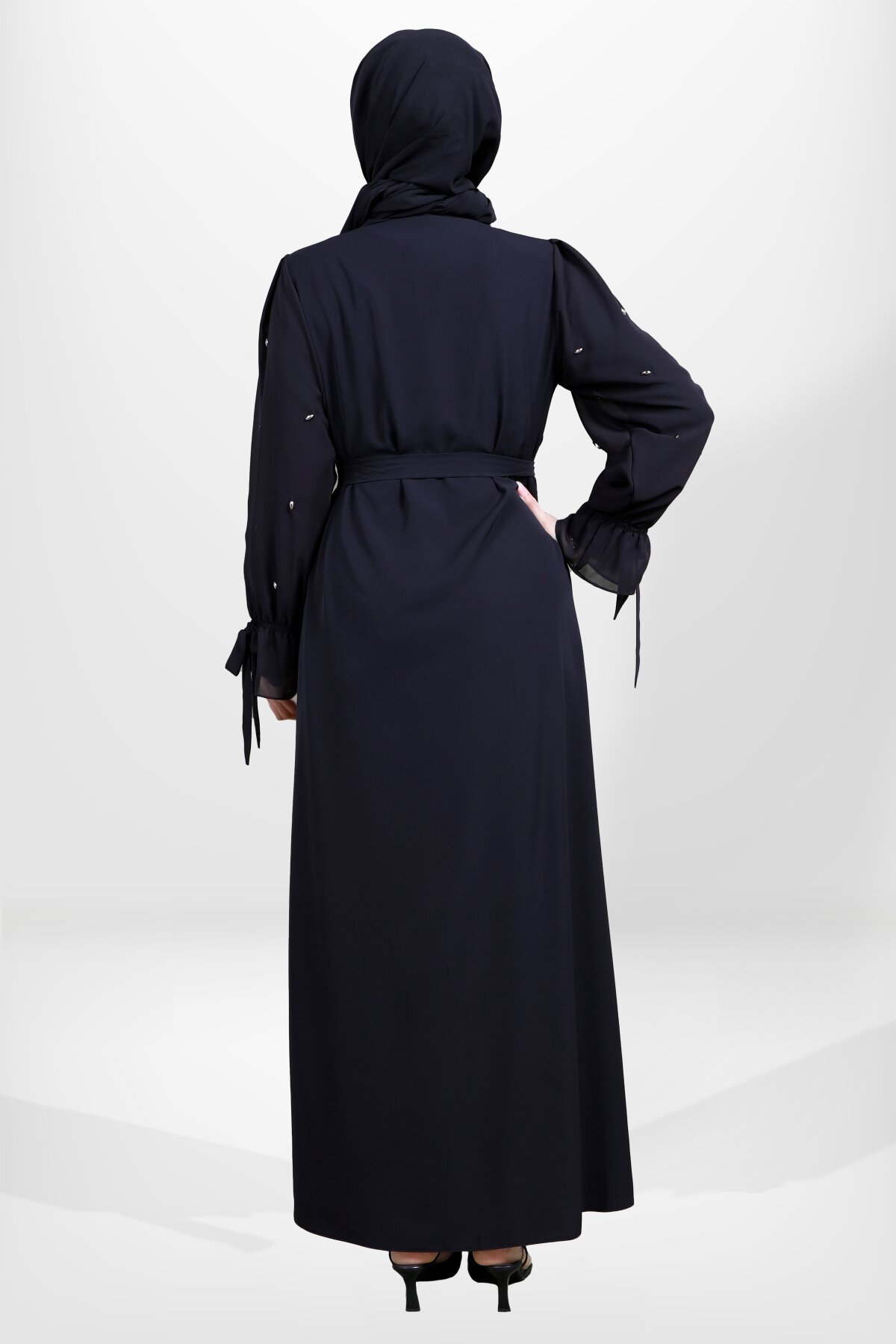 Zippered Belted Stone-Embellished Chiffon Detail Abaya - Black - Beyza