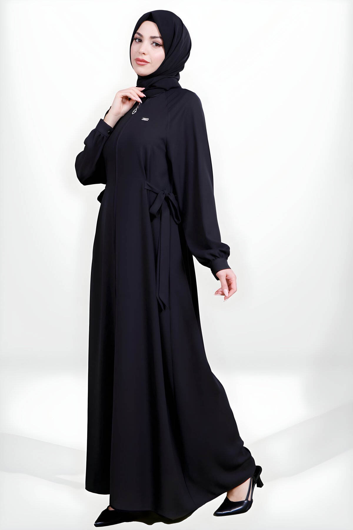 Side-Tie Zippered Abaya - Black - Beyza